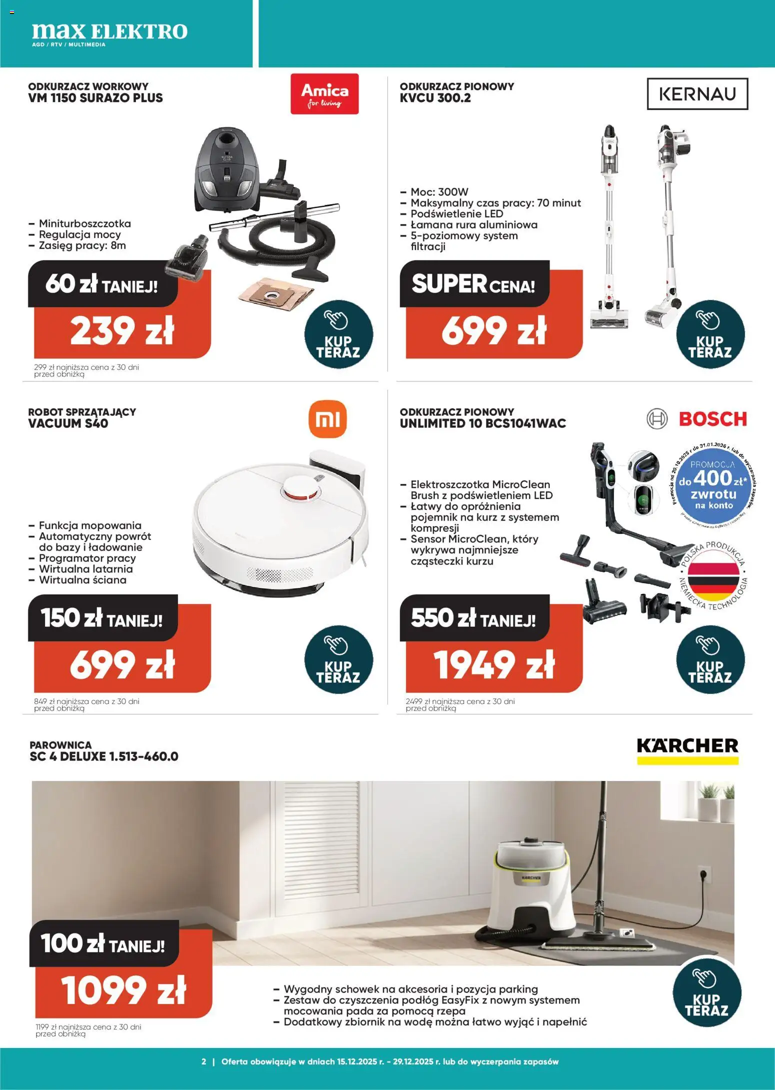 Max elektro Gazetka od 15.12.2025 | Strona: 2 | Produkty: Odkurzacz, Robot, Odkurzacz pionowy, Robot sprzątający