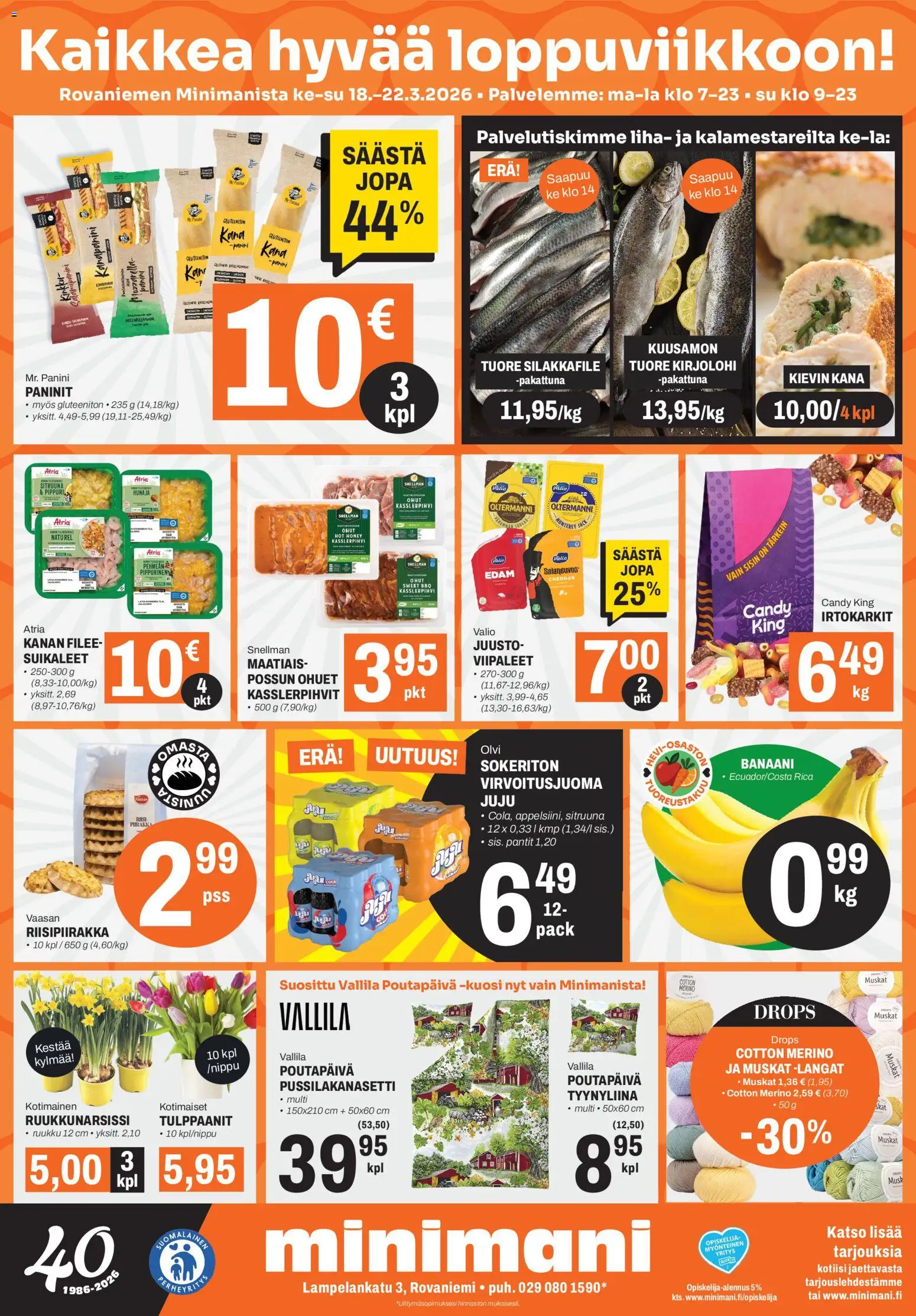 Minimani Tarjoukset - Rovaniemi – voimassa 18.03.2026 alkaen | Sivu: 1 | Tuotteet: Kirjolohi, Cheddar, Juusto, Tyynyliina