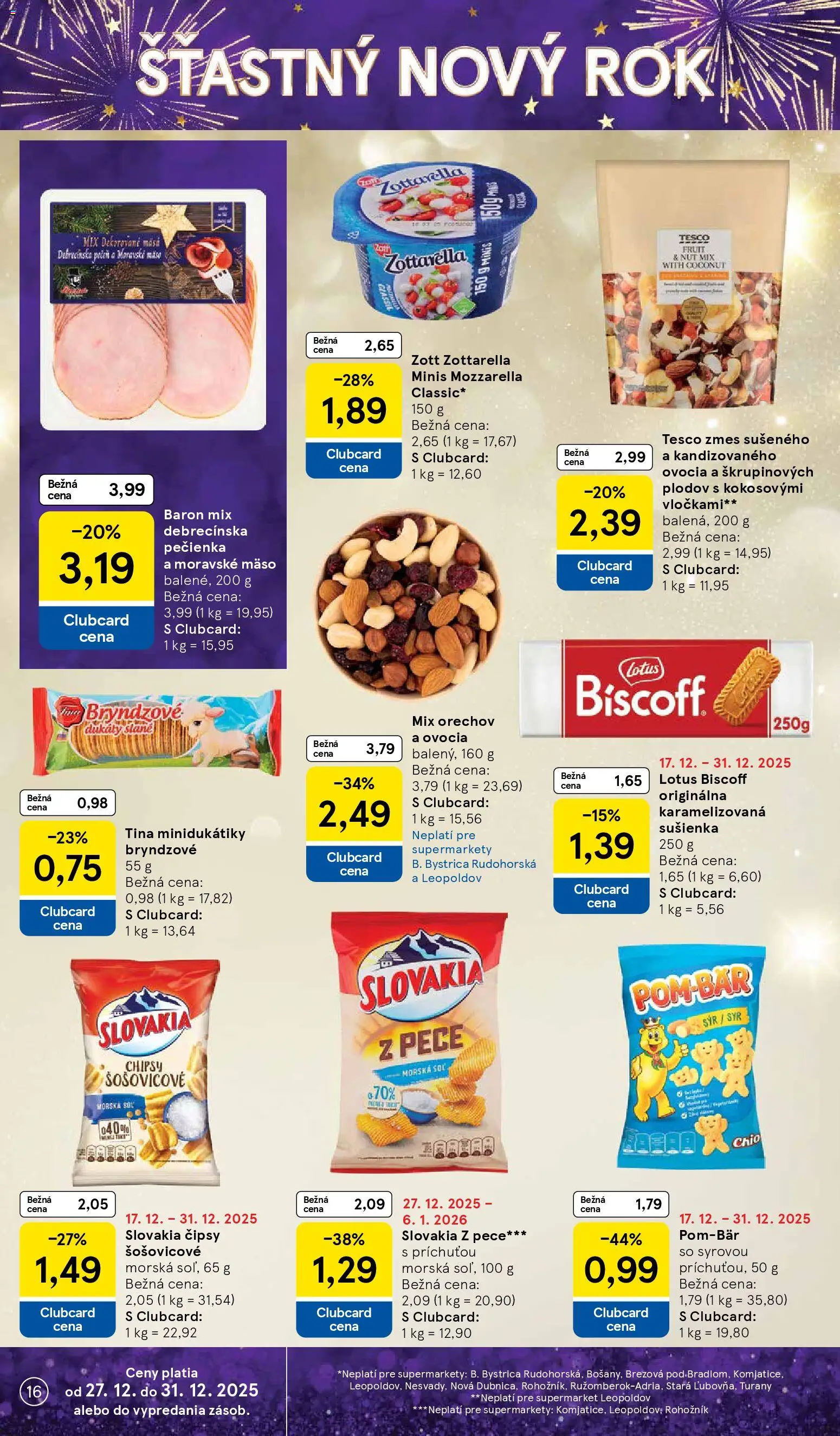 Nové Tesco akcie – leták je platný od 27.12.2025 | Strana: 16 | Produkty: Syr, Mozzarella, Chipsy, Soľ
