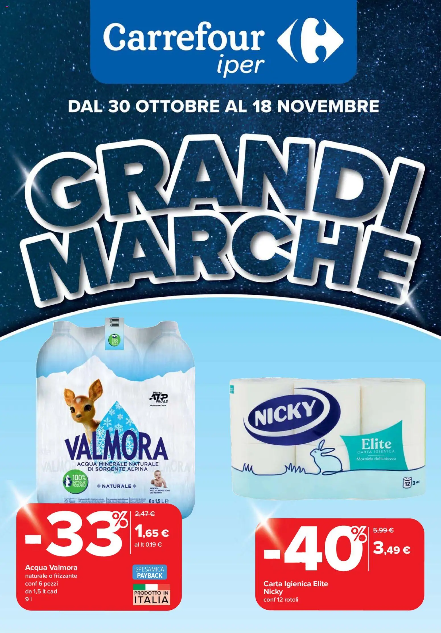 Volantino Carrefour del 30.10.2025 | Pagina: 1 | Prodotti: Carta igienica, Acqua, Acqua minerale