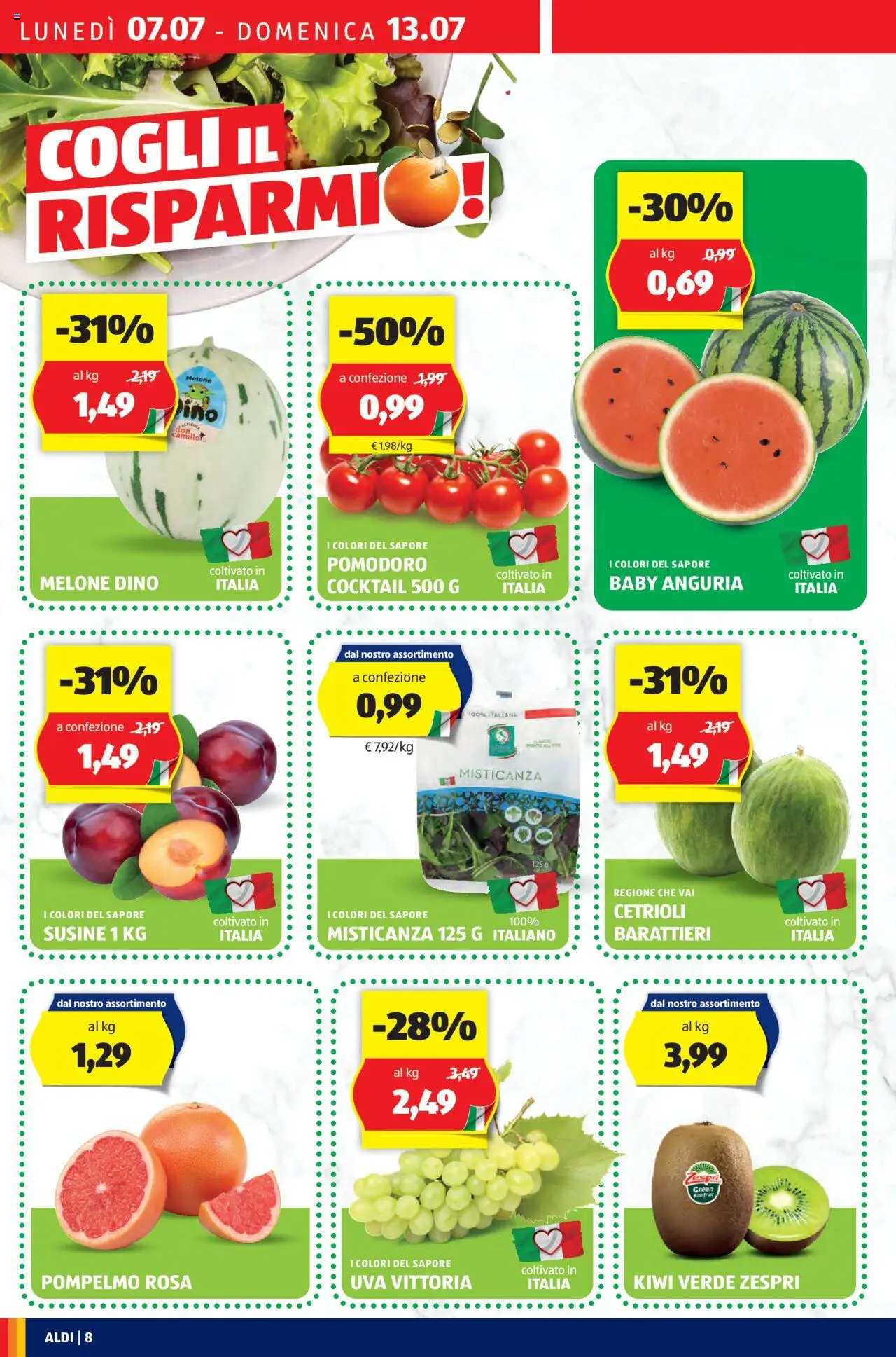 Volantino Aldi del 07.07.2025 | Pagina: 8 | Prodotti: Cetrioli, Pompelmo, Pomodoro, Susine