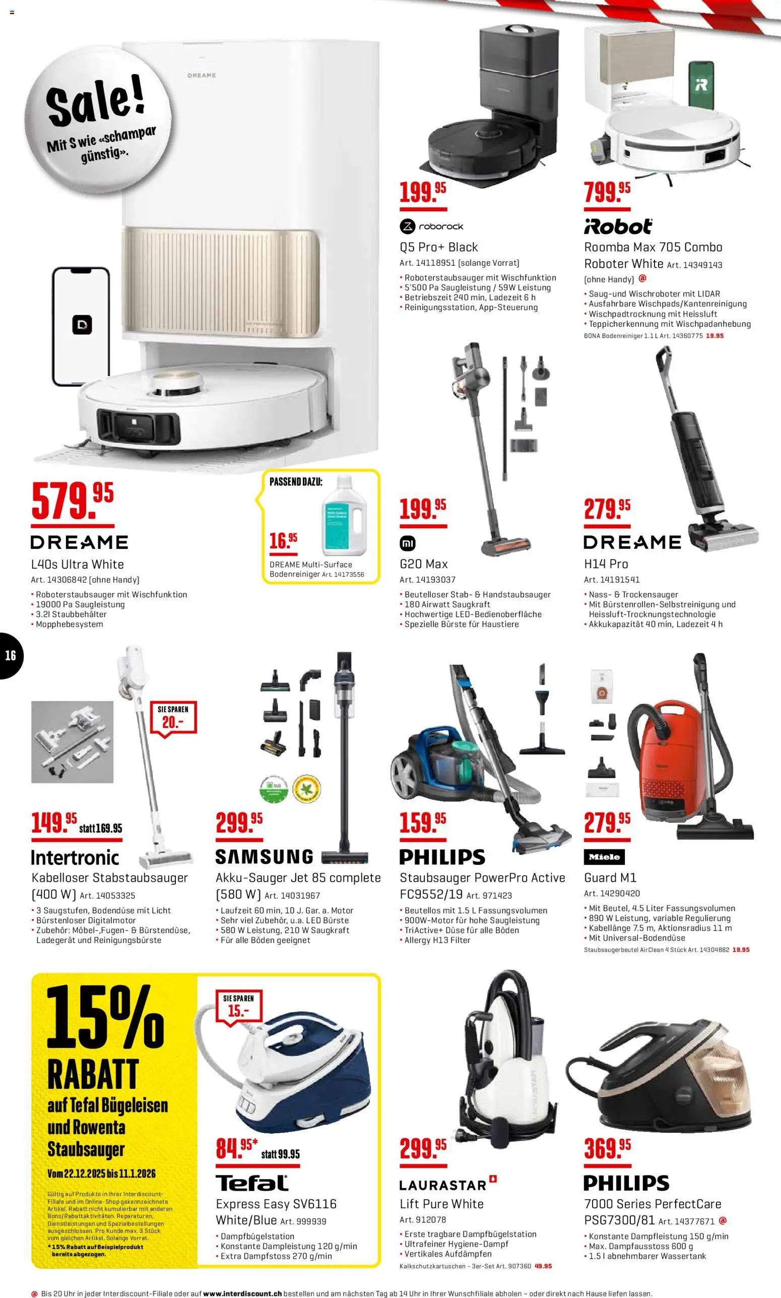 Interdiscount Aktionen – gültig ab 22.12.2025 | Seite: 16 | Produkte: Bügeleisen, Samsung, Staubsauger, Miele