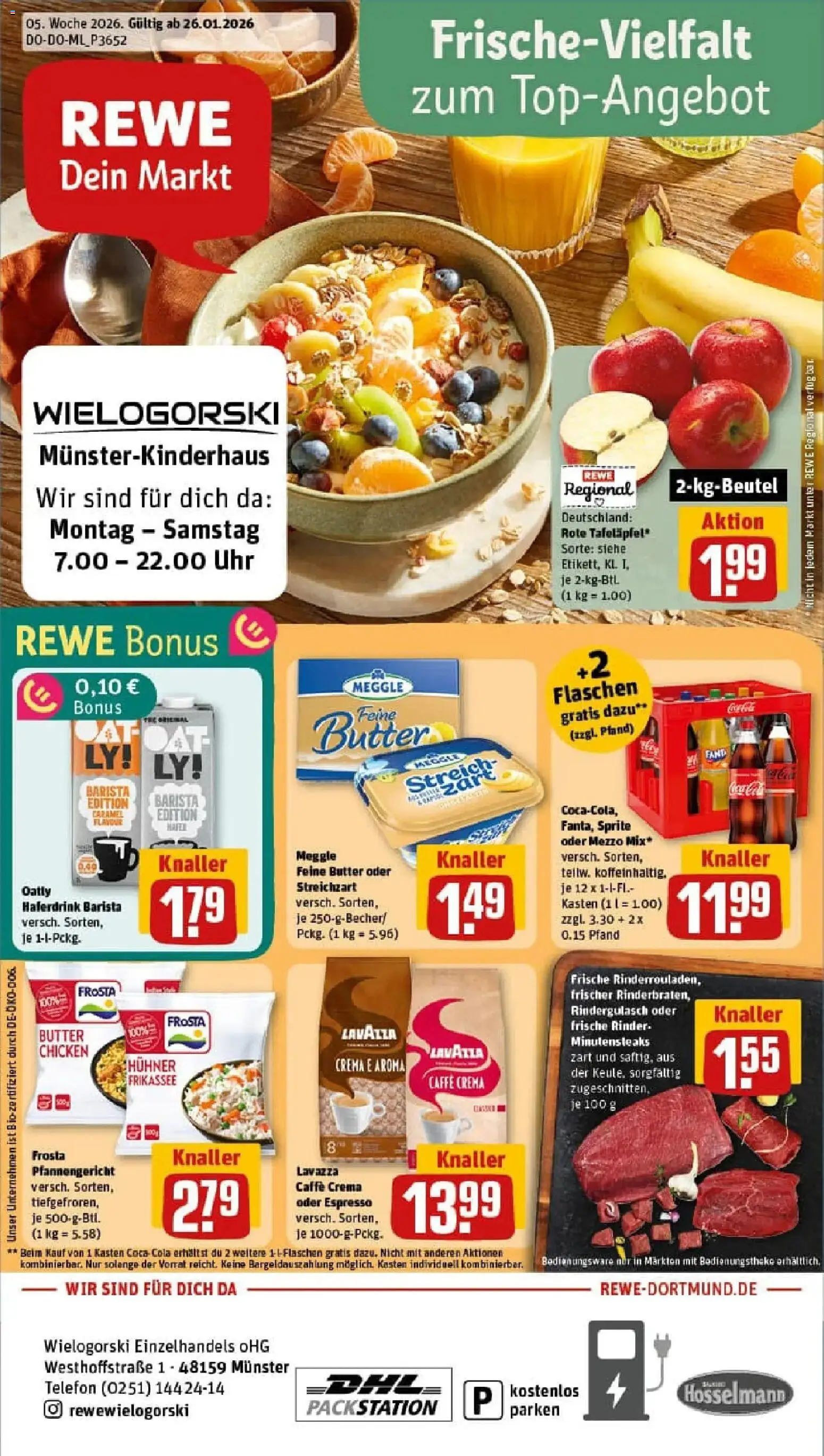 Rewe prospekt Münster	 – gültig ab 26.01.2026 | Seite: 1 | Produkte: Rindergulasch, Butter, Telefon, Uhr