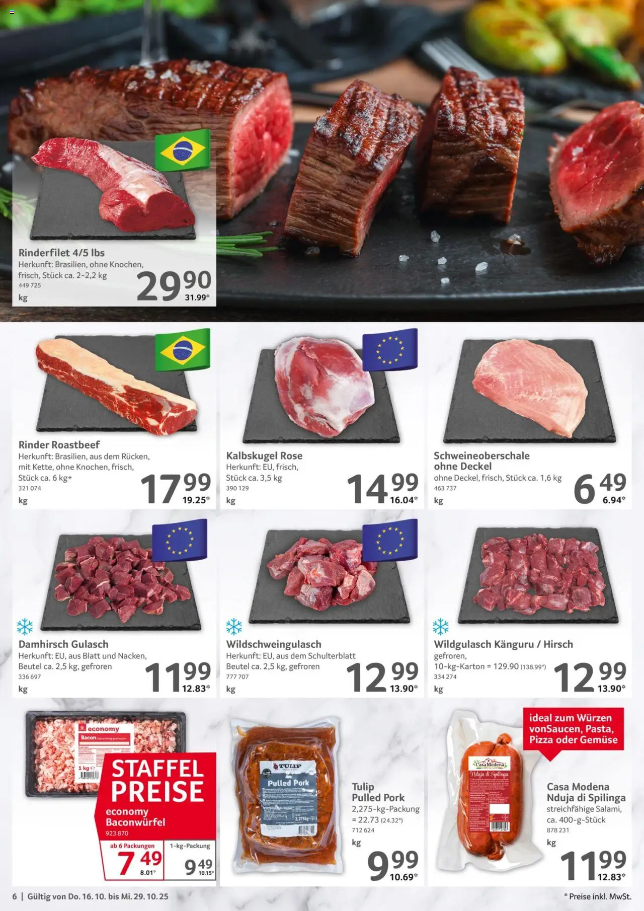 Selgros Gastronomie – gültig ab 16.10.2025 | Seite: 6 | Produkte: Rinderfilet, Roastbeef, Gulasch, Pizza