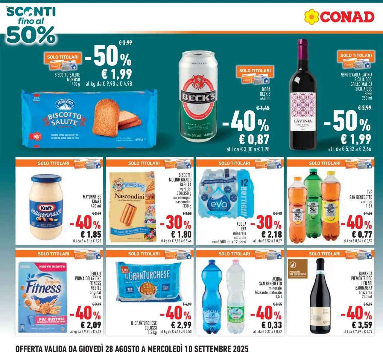 Volantino Conad del 28.08.2025 | Pagina: 4 | Prodotti: Cereali, Biscotti, Acqua, The