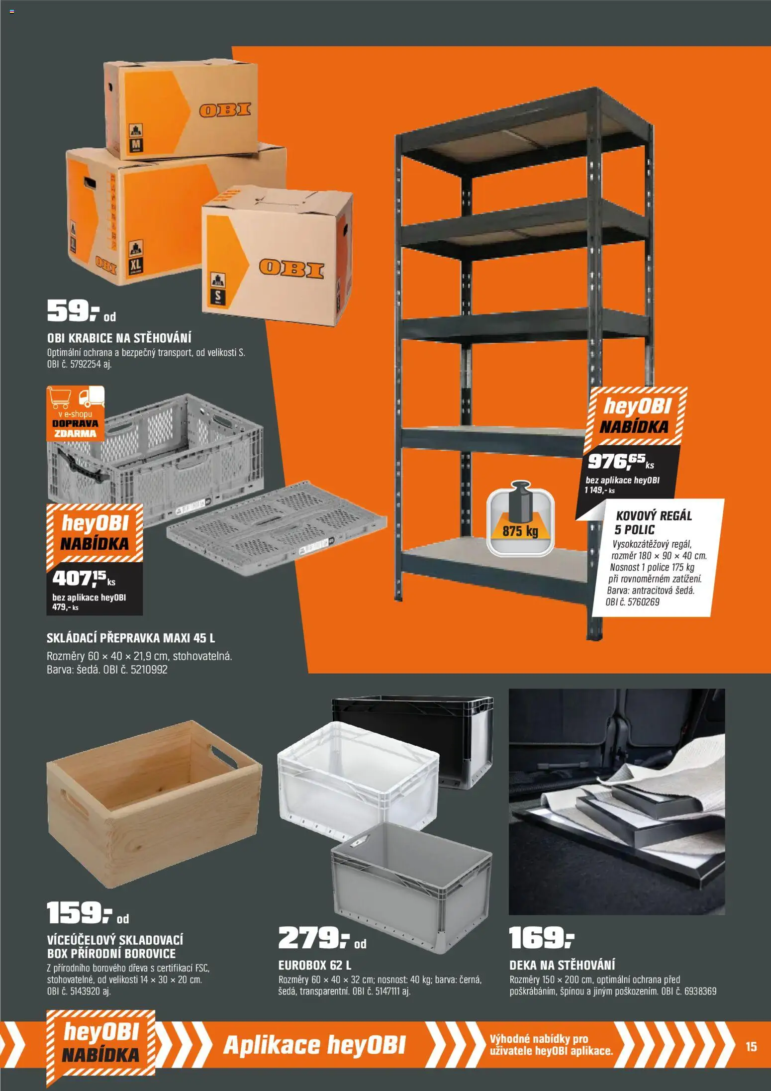 OBI leták - Bobří síla v akci od 02.01.2026 | Strana: 15 | Produkty: Krabice, Deka, Police, Kovový regál