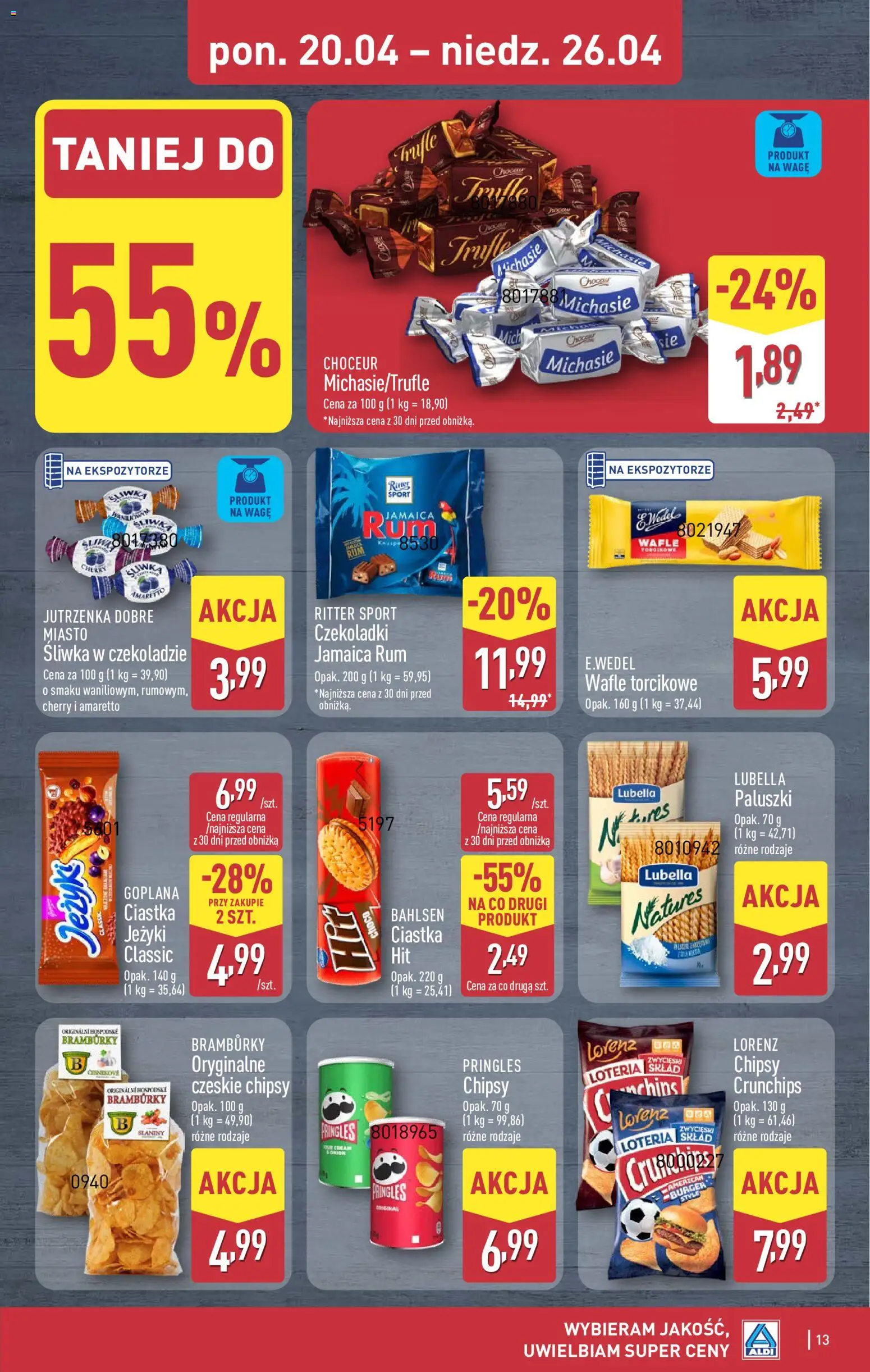 Aldi gazetka od 20.04.2026 | Strona: 13 | Produkty: Chipsy, Wafle, Amaretto, Pringles