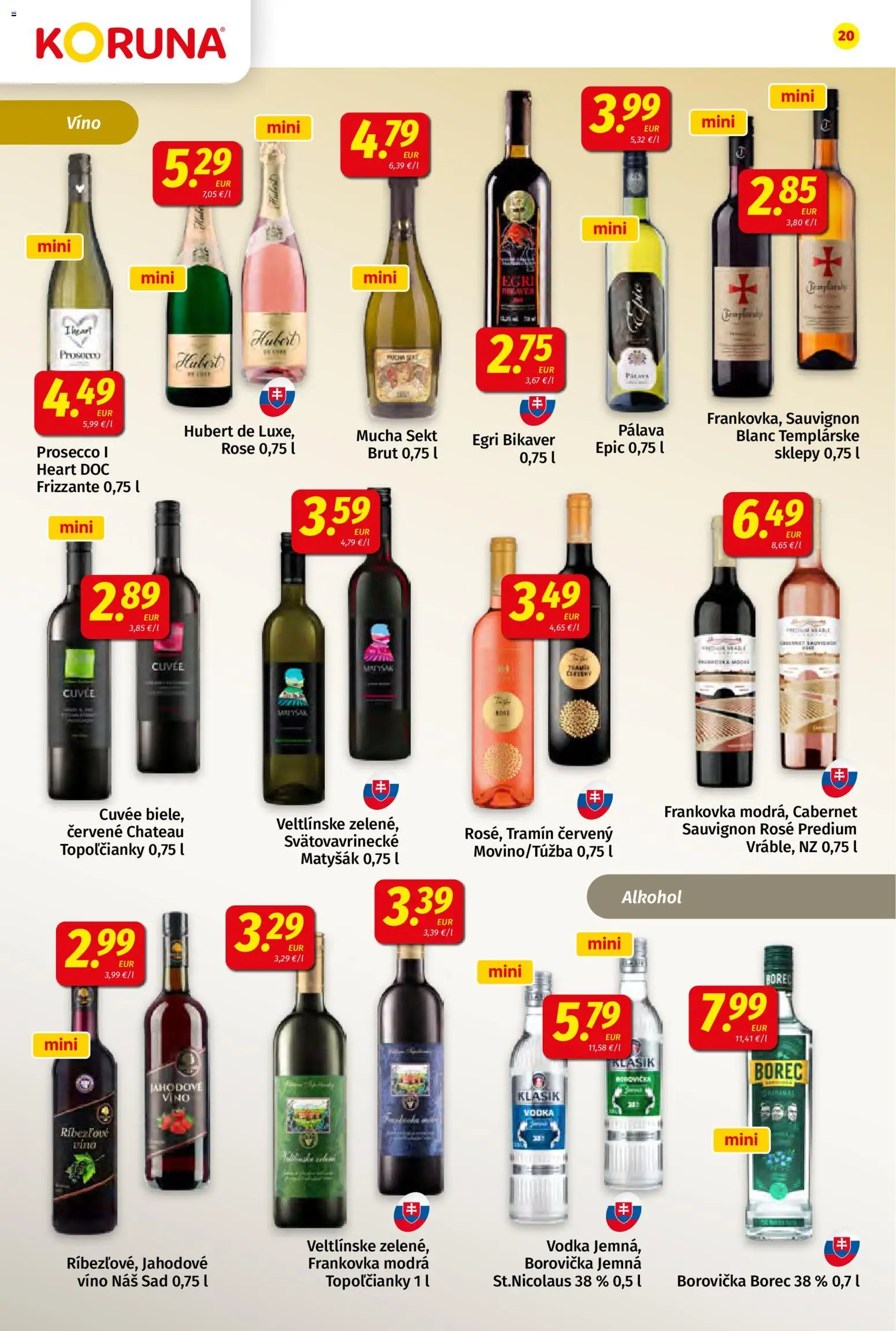 Nové Koruna akcie – leták je platný od 24.10.2025 | Strana: 20 | Produkty: Víno, Borovička, Vodka, Alkohol