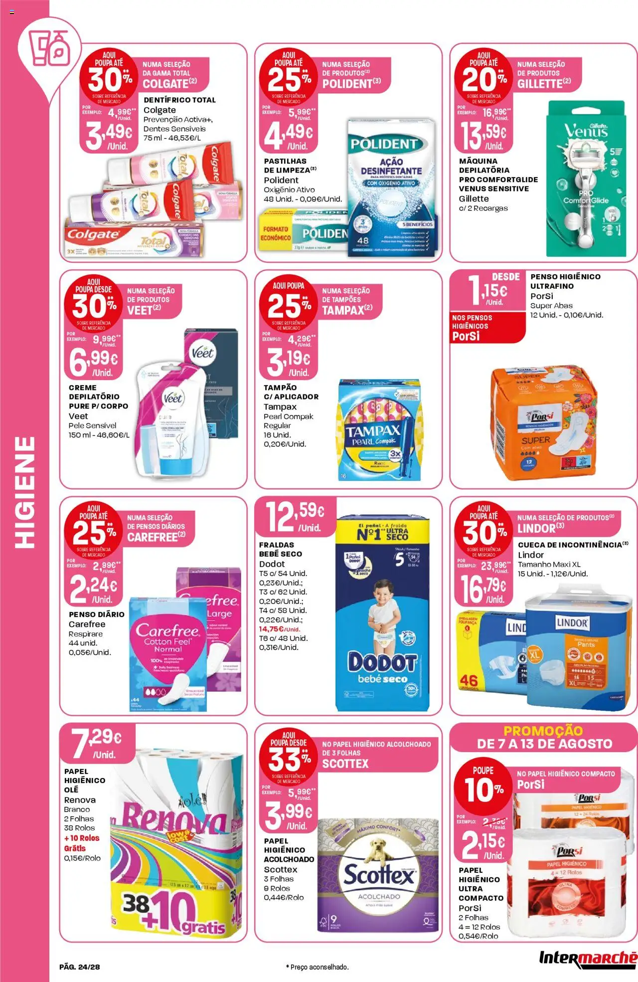 Intermarché folheto │ válido de 07.08.2025 | Página: 24 | Produtos: Papel higiénico, Fraldas, Creme