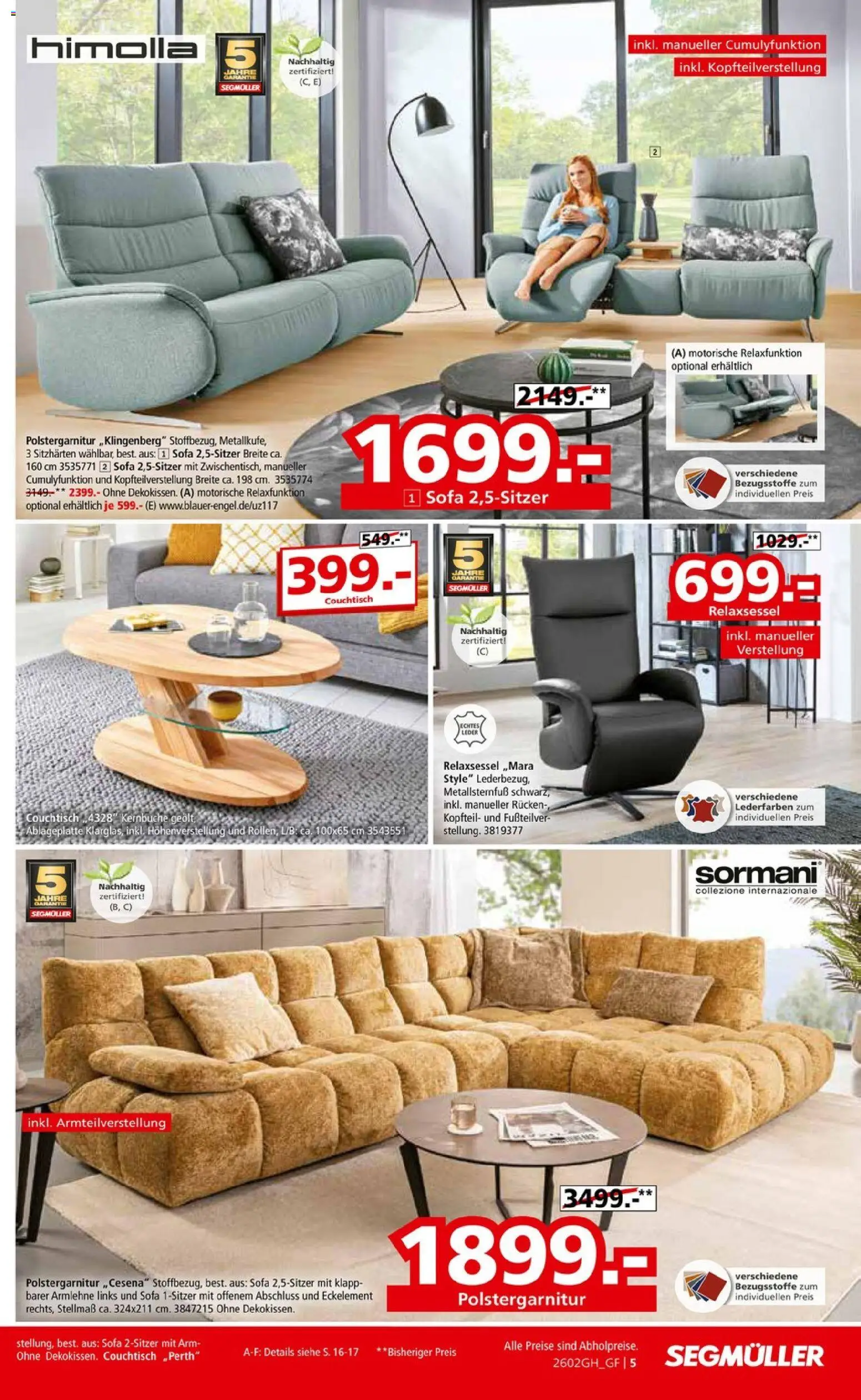 Segmüller Highlight Angebote – gültig ab 31.01.2026 | Seite: 5 | Produkte: Relaxsessel, Sofa, Couchtisch