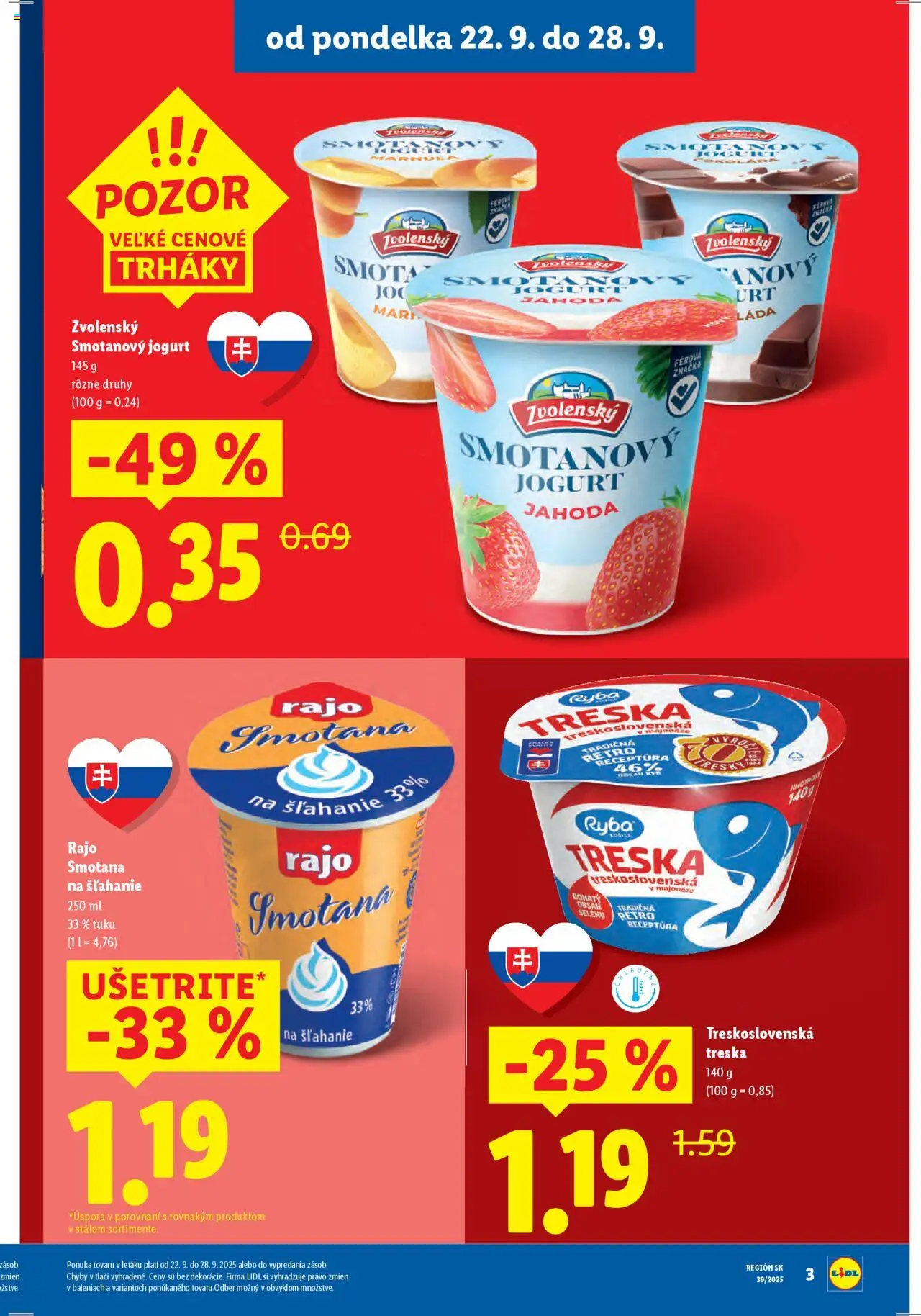 Nové Lidl akcie – leták je platný od 22.09.2025 | Strana: 7 | Produkty: Jogurt, Ryba, Treska, Smotana na šľahanie