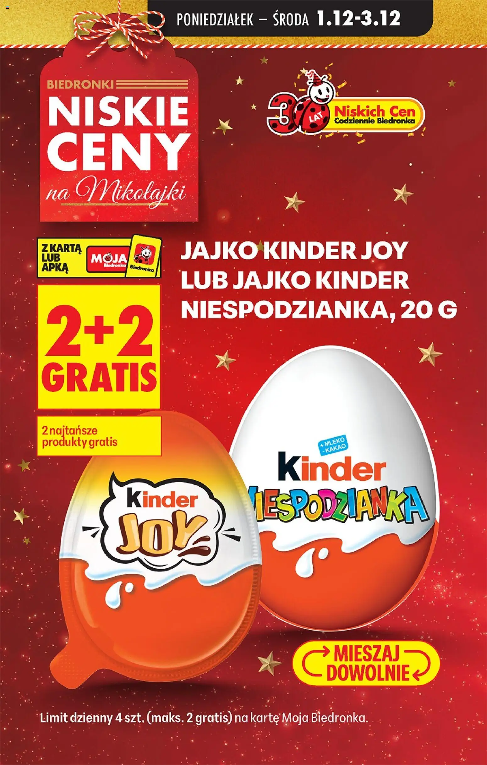 Biedronka gazetka od 01.12.2025 | Strona: 3 | Produkty: Karta, Jajko Kinder Joy, Kakao, Kinder Joy