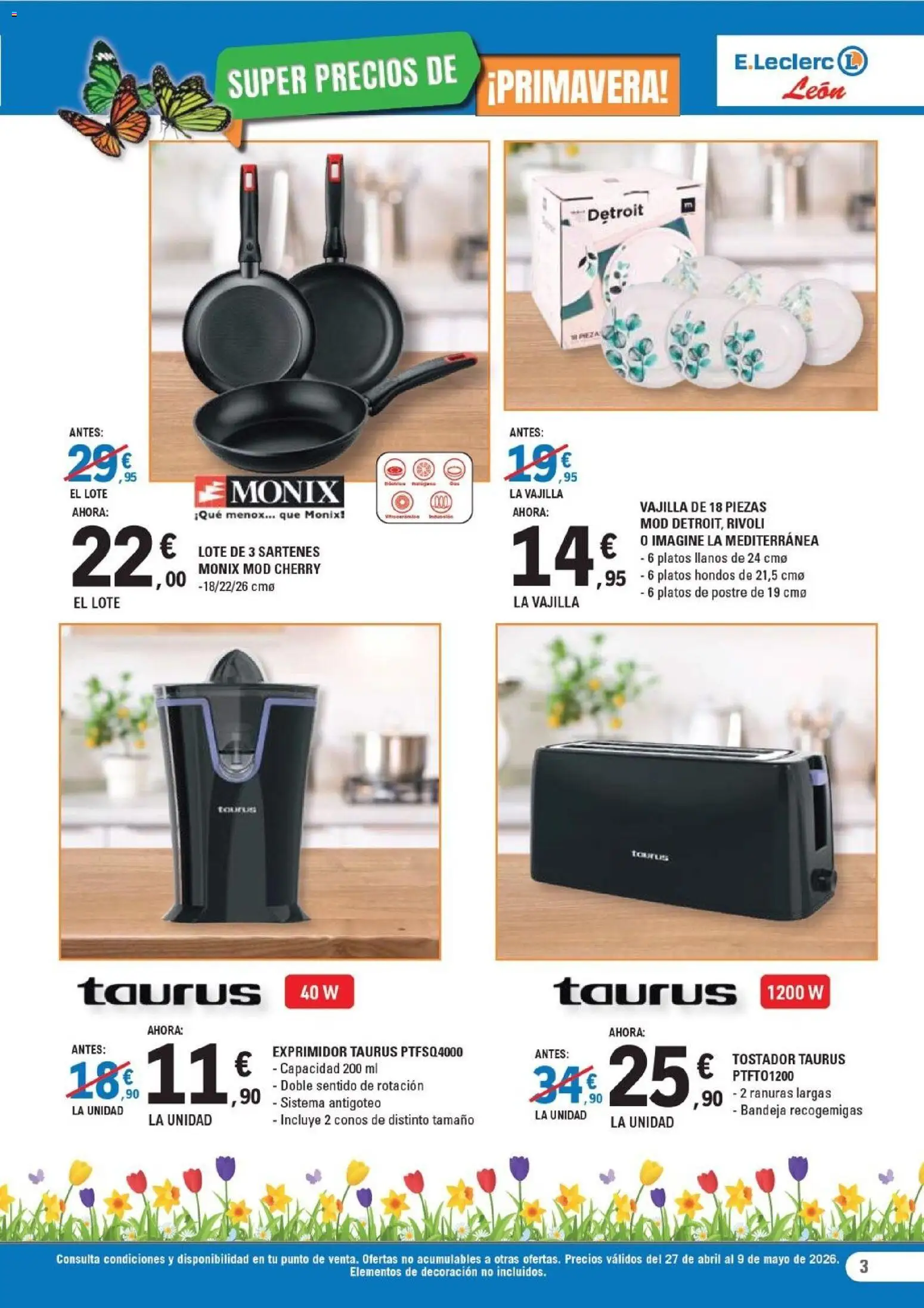 E.Leclerc León │ válido desde el 27.04.2026 | Página: 3 | Productos: Βρεφικό κρεβάτι, Exprimidor, Tostador, Bandeja