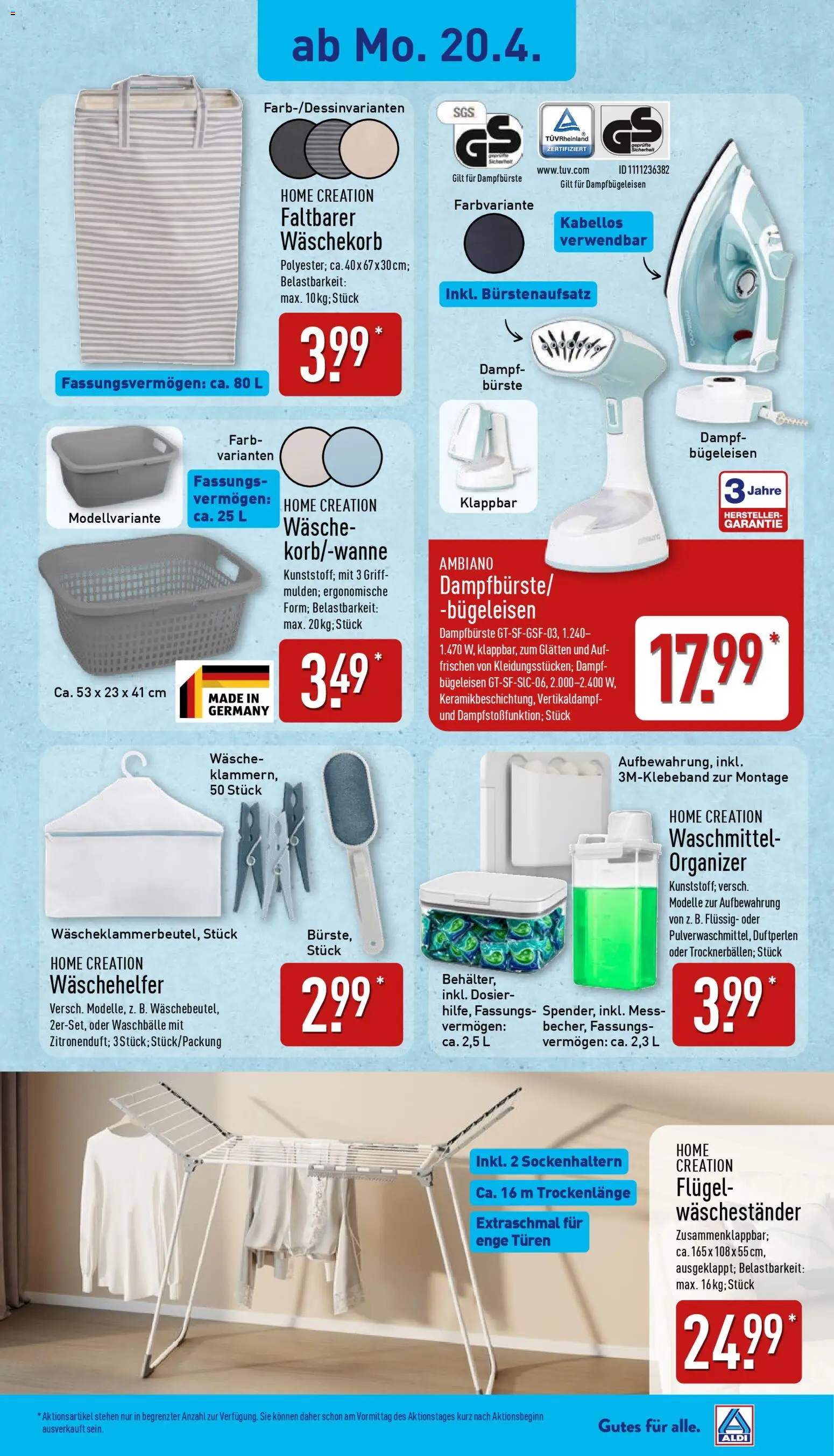 Aldi Ausblick – gültig ab 20.04.2026 | Seite: 6 | Produkte: Bügeleisen, Waschmittel, Waschestander, Home creation