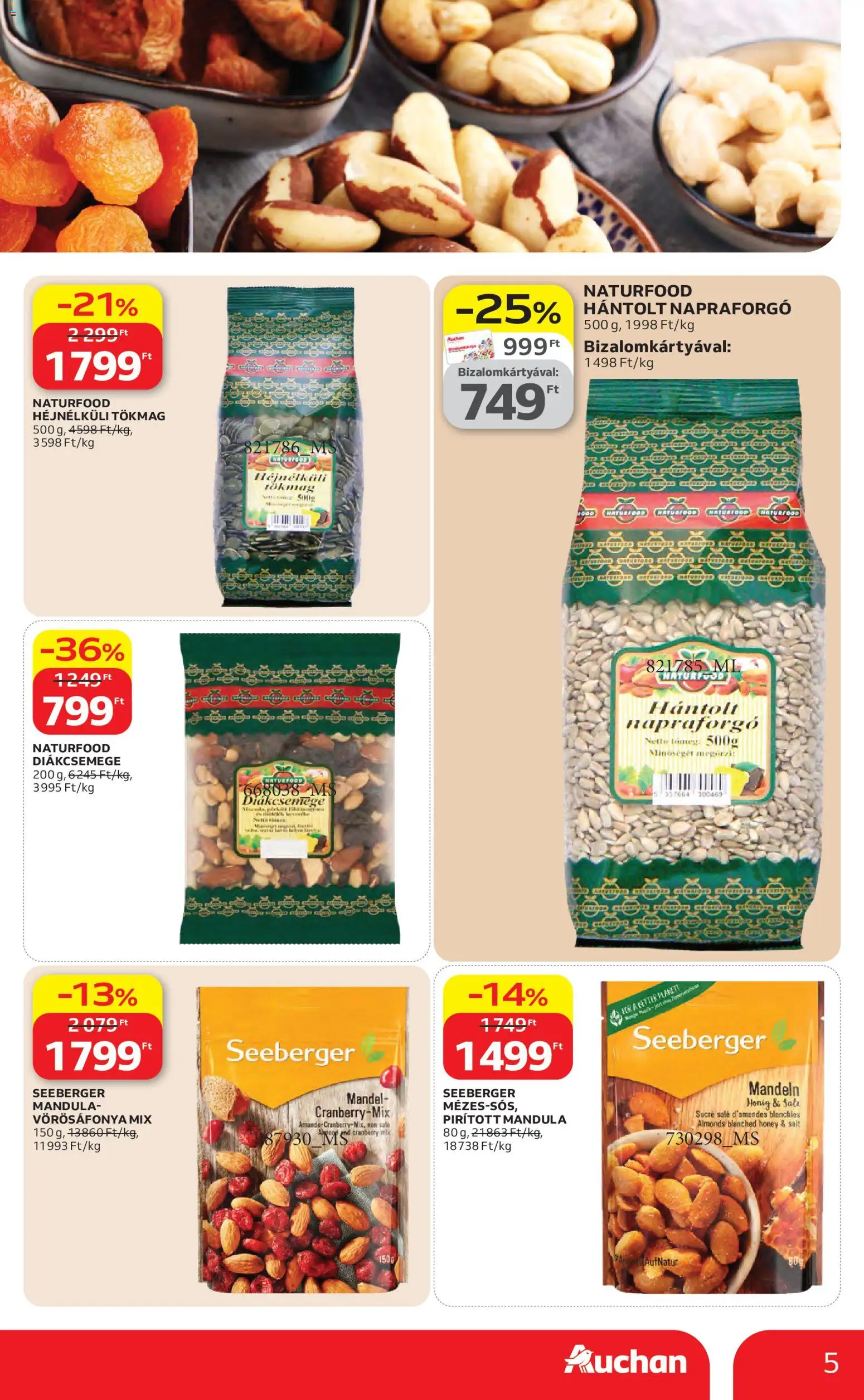 Auchan akciós ujság - amely érvényes a következő dátumtól: 23.04.2026 | Oldal: 5 | Termékek: Tökmag, Diákcsemege, Mandula