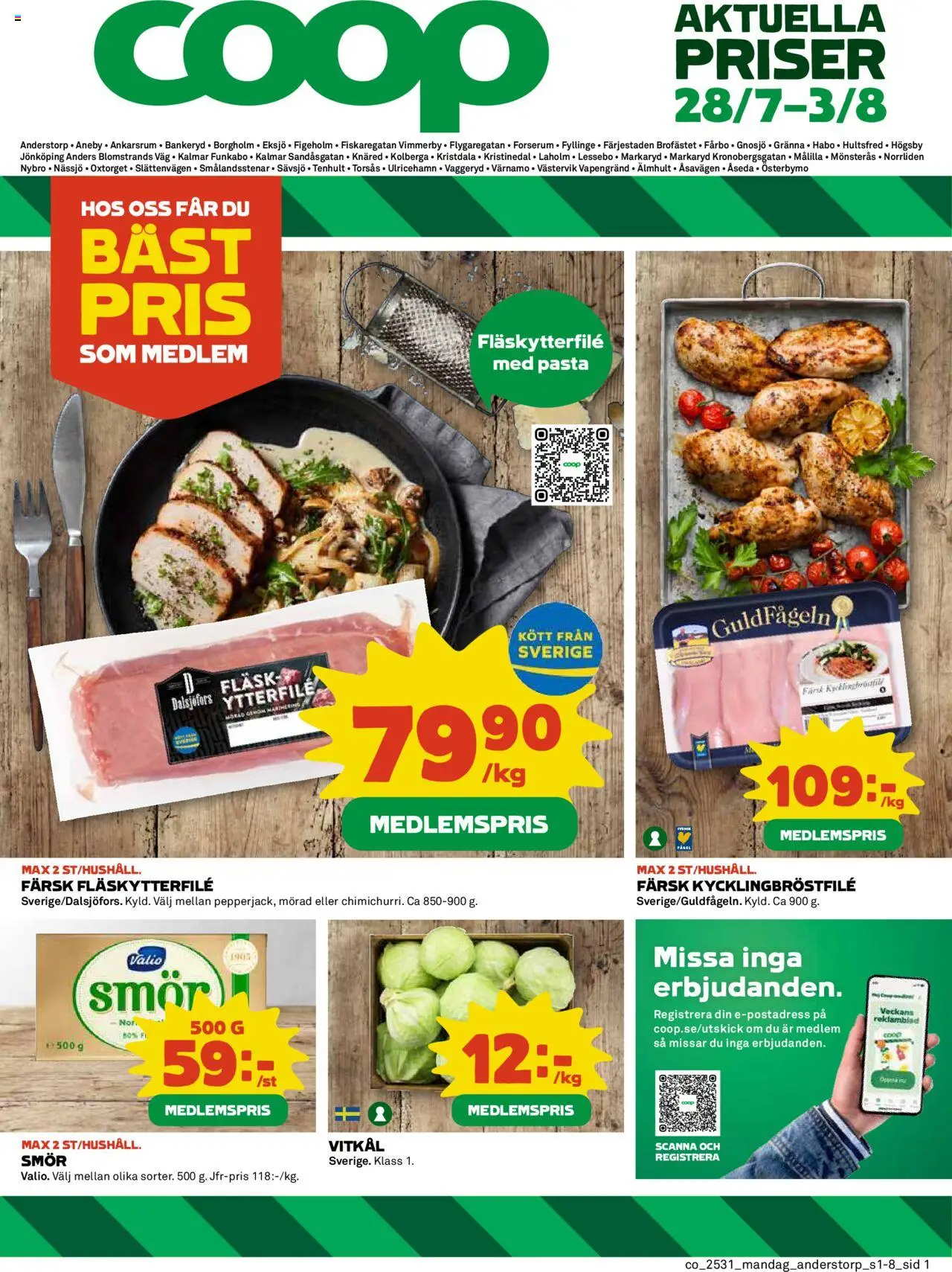Coop reklamblad aktuell från 28.07.2025 | Sida: 1 | Produkter: Vitkål, Smör, Fläsk, Pasta