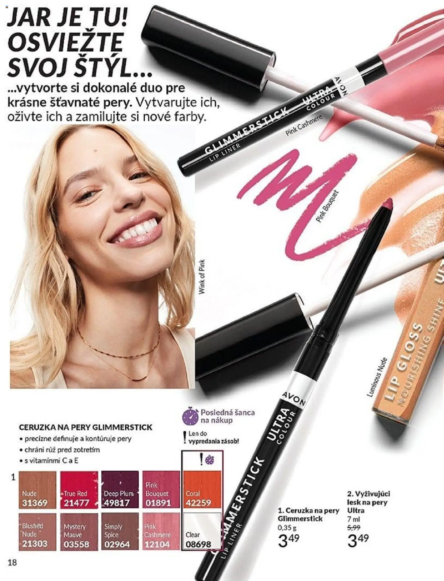 Nové Avon akcie – leták je platný od 01.04.2026 | Strana: 18 | Produkty: Lesk na pery, Ceruzka, Jar