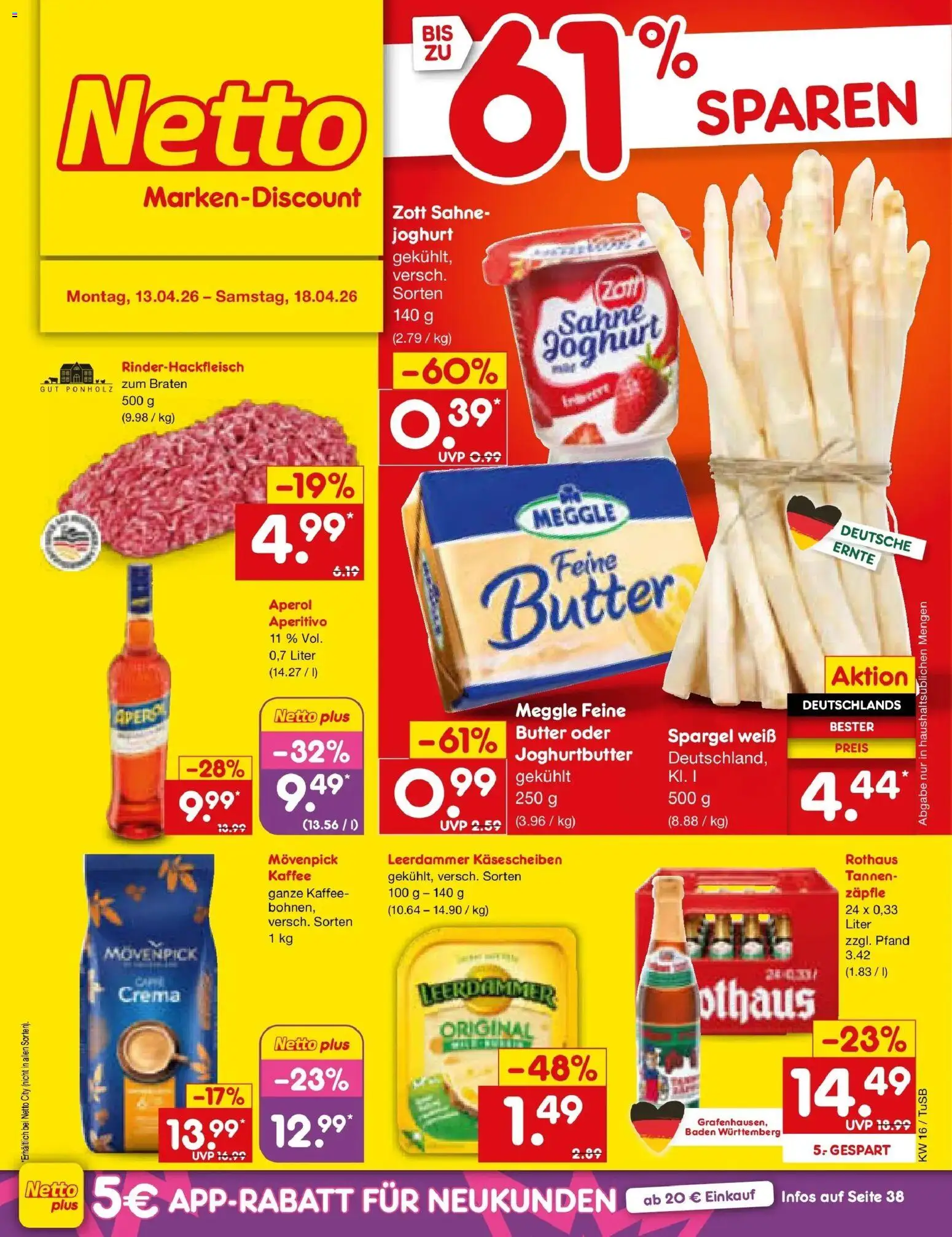 Netto Marken-Discount Prospekt Lahr-Langenwinkel	 – gültig ab 13.04.2026 | Seite: 1 | Produkte: Butter, Spargel, Leerdammer, Aperol