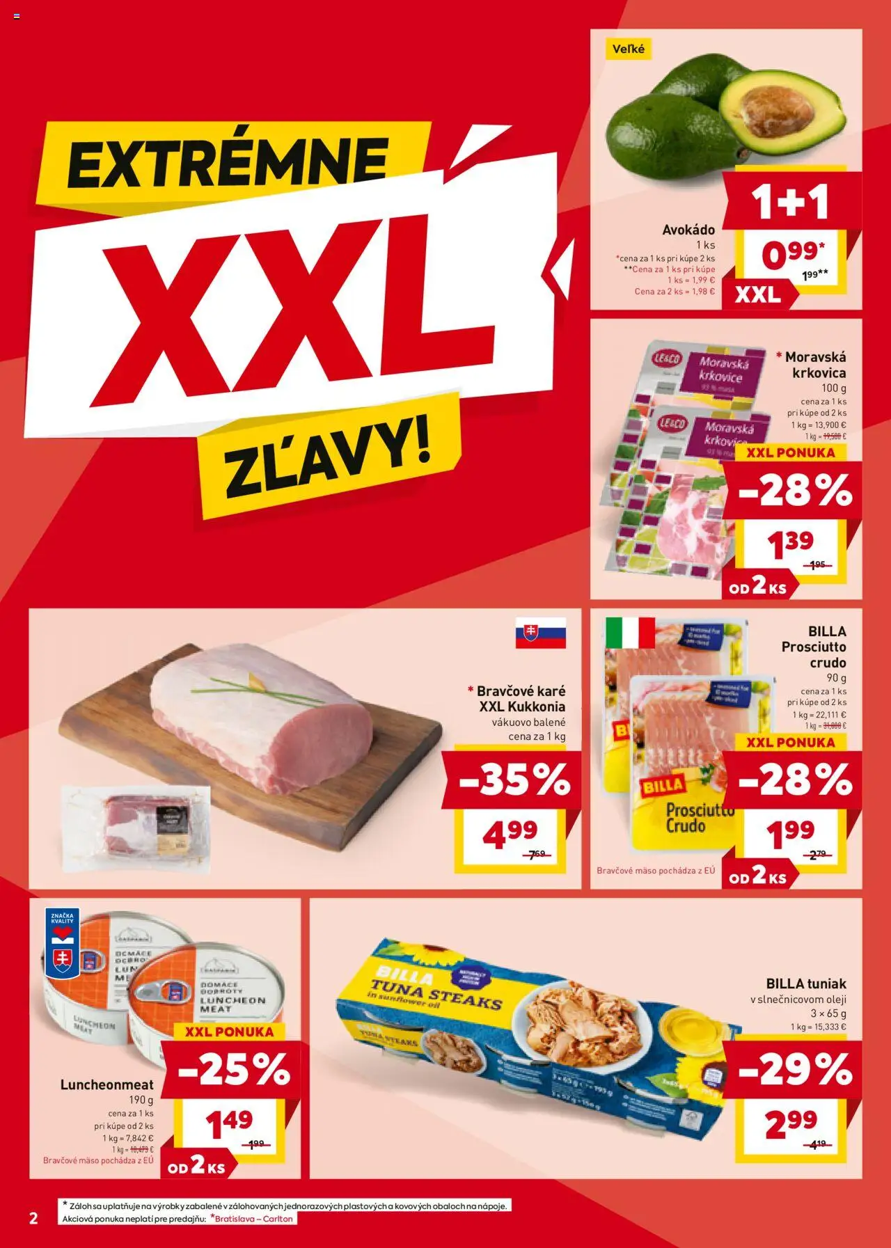 Billa leták │ platný od 09.07.2025 | Strana: 2 | Produkty: Tuniak, Bravčové mäso, Avokádo, Bravčové karé