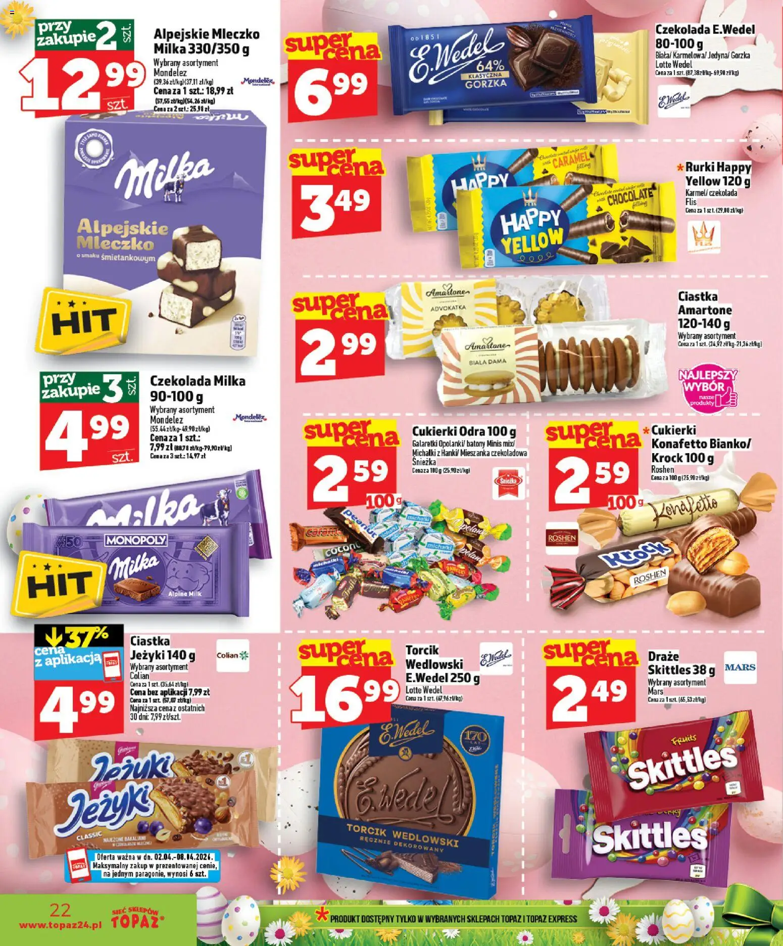 Topaz gazetka - Ceny małe na stałe od 02.04.2026 | Strona: 22 | Produkty: Czekoladowa, Galaretki, Milka, Cukierki