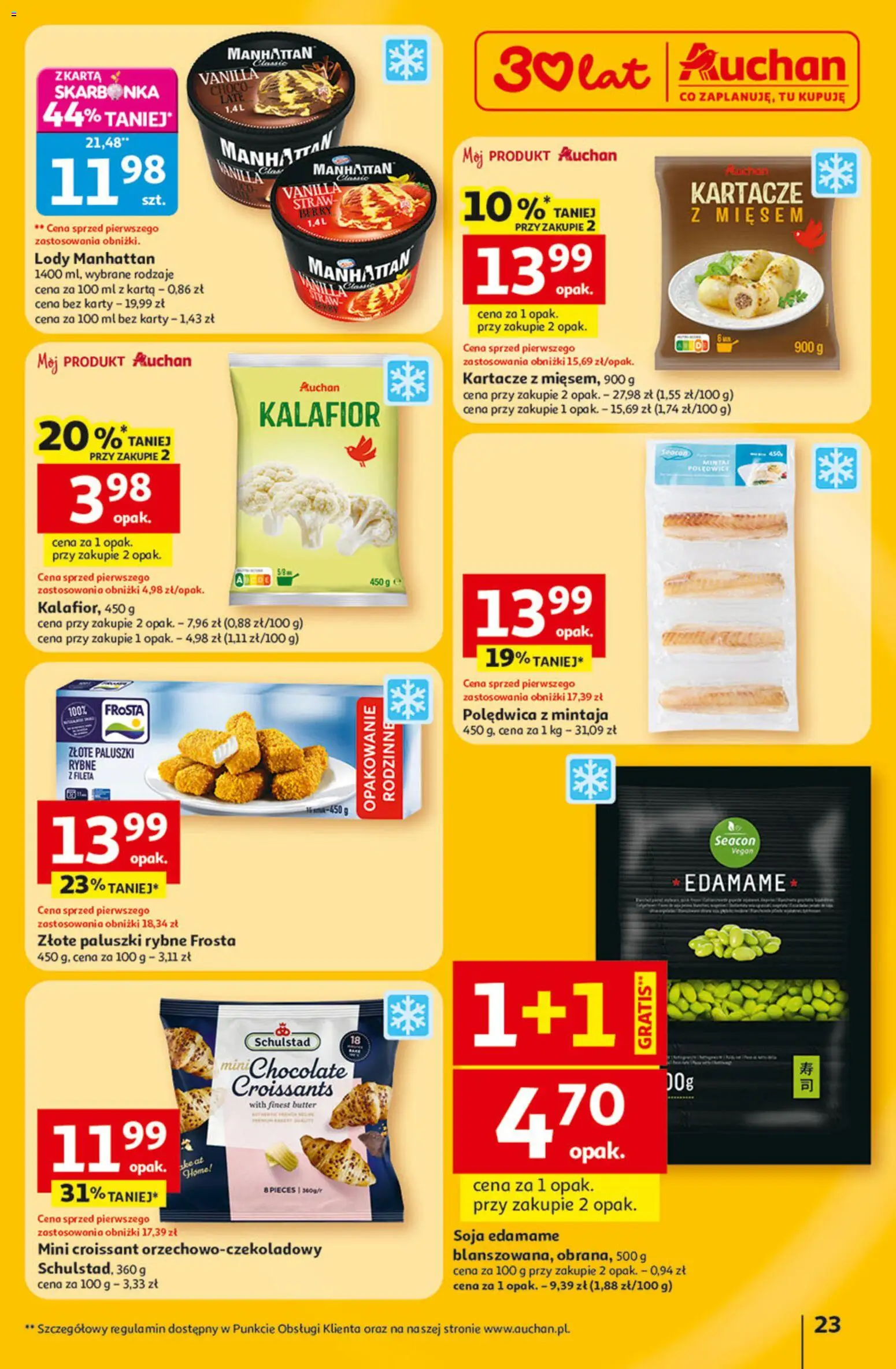 Auchan Gazetka - 30 Lat Hipermarket od 22.01.2026 | Strona: 23 | Produkty: Paluszki rybne, Lody manhattan, Soja, Lody