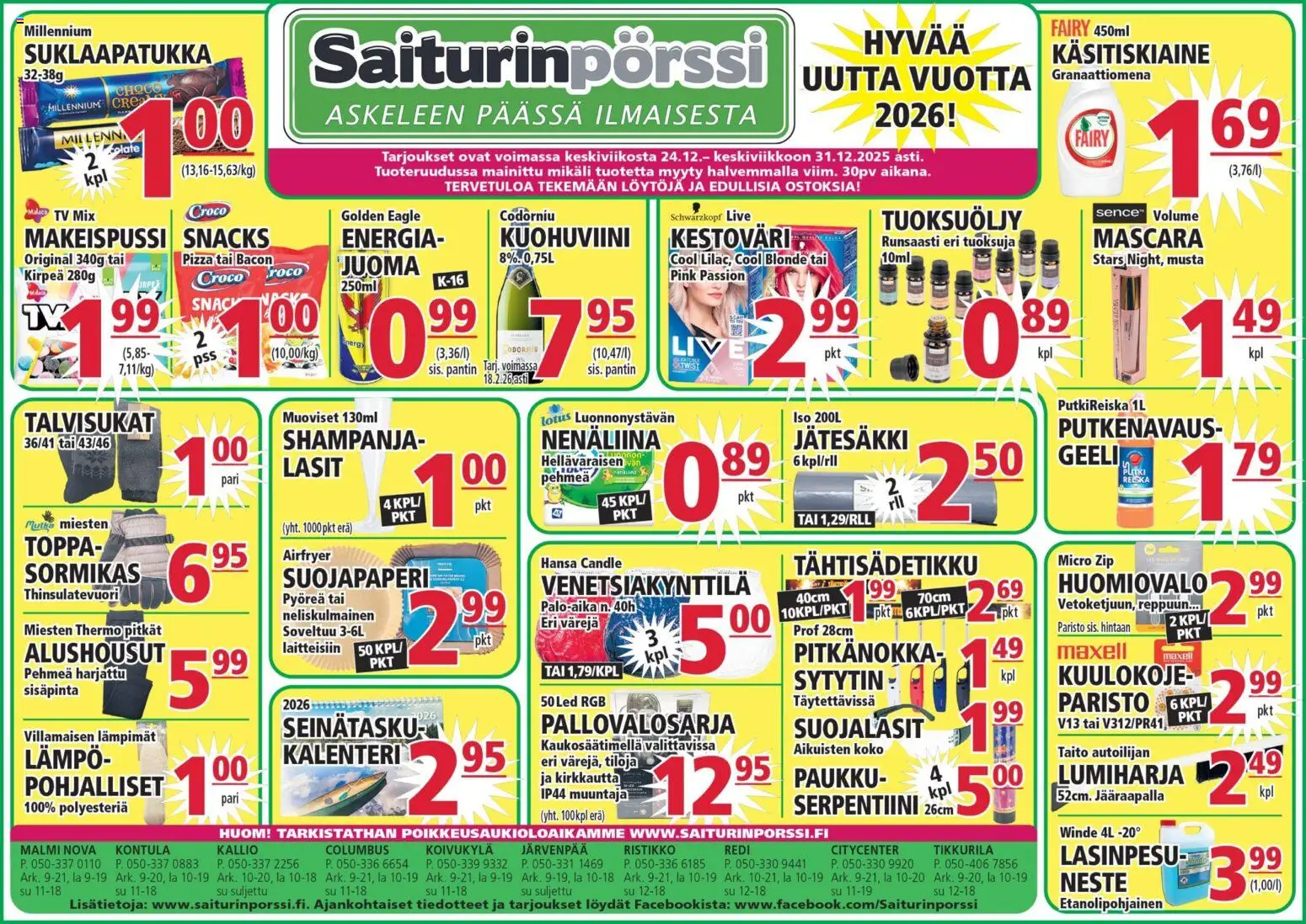 Saiturinpörssi tarjoukset – voimassa 24.12.2025 alkaen | Sivu: 1 | Tuotteet: Kalenteri, Nenäliina, Alushousut, Granaattiomena