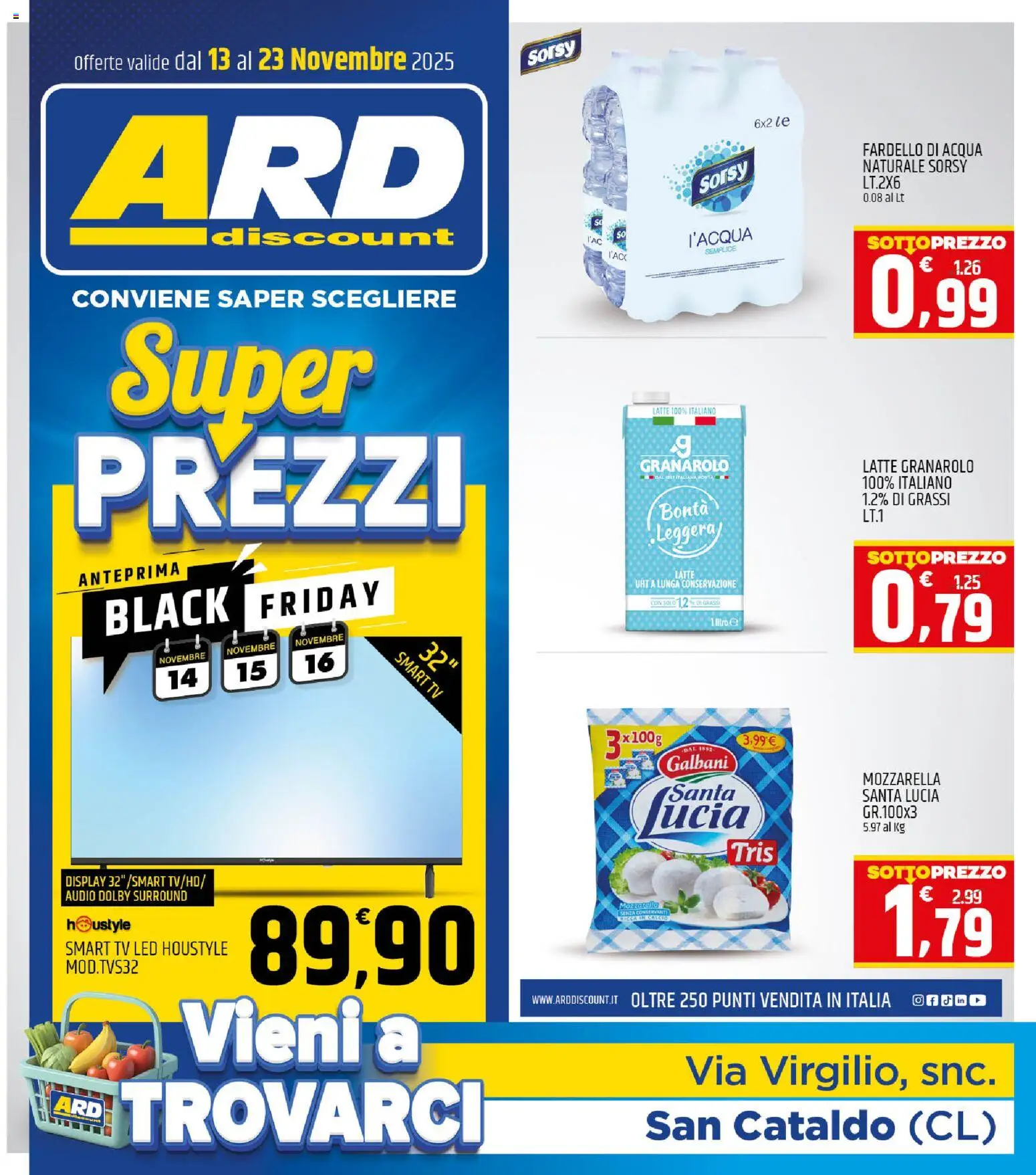 Volantino ARD Discount del 13.11.2025 | Pagina: 1 | Prodotti: smart TV, Latte, Acqua naturale, Audio