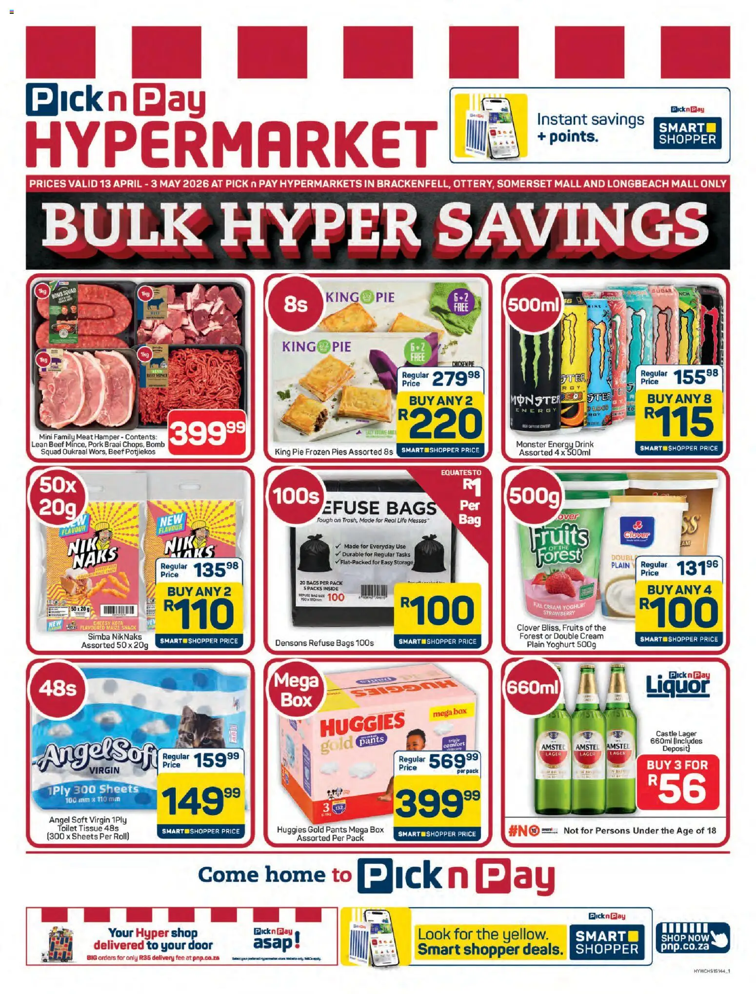 New Pick n Pay catalogue – valid from 13.04.2026 | Page: 1 | Products: Pants, Yoghurt, Toilet, Pork