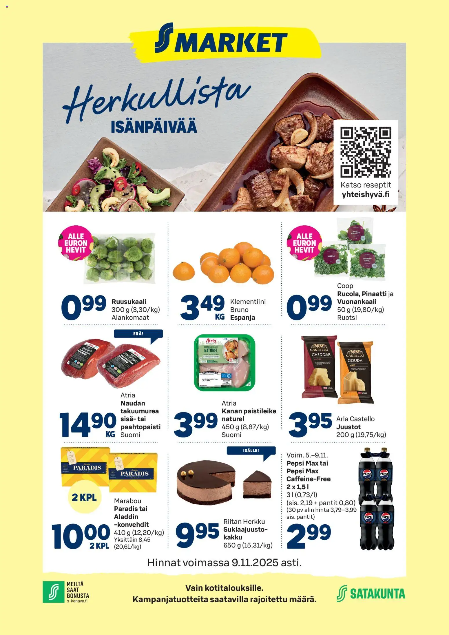 S-market Ulvila – voimassa 05.11.2025 alkaen | Sivu: 1 | Tuotteet: Pampers, Ruusukaali, Cheddar, Klementiini