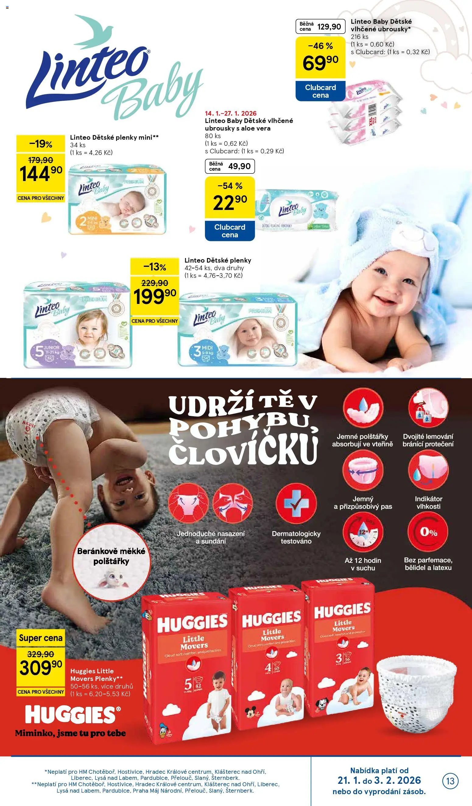 Tesco leták - Hypermarket od 21.01.2026 | Strana: 13 | Produkty: Vlhčené ubrousky, Ubrousky, Aloe vera, Plenky