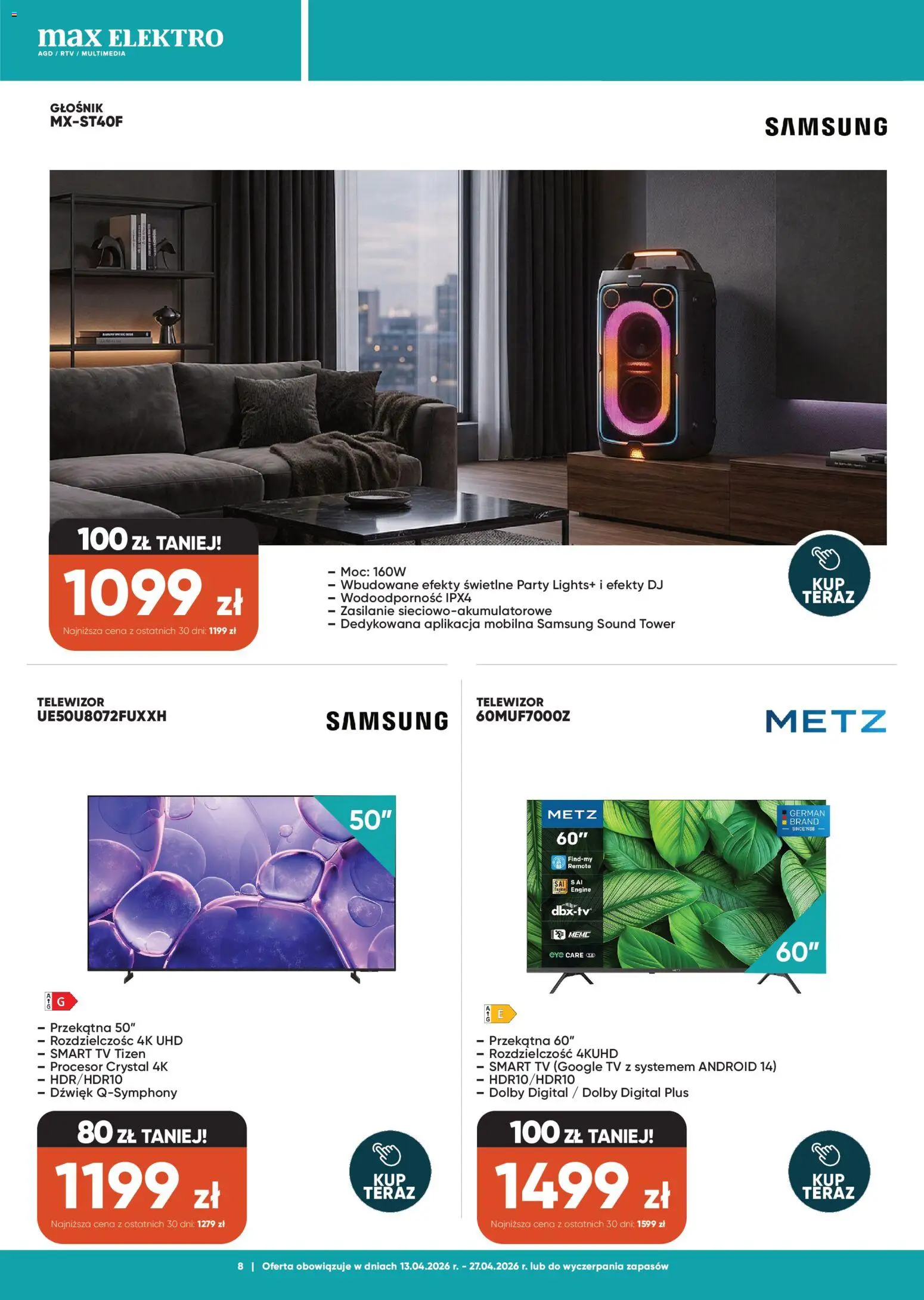 Max elektro gazetka od 13.04.2026 | Strona: 8 | Produkty: Telewizor, Głośnik