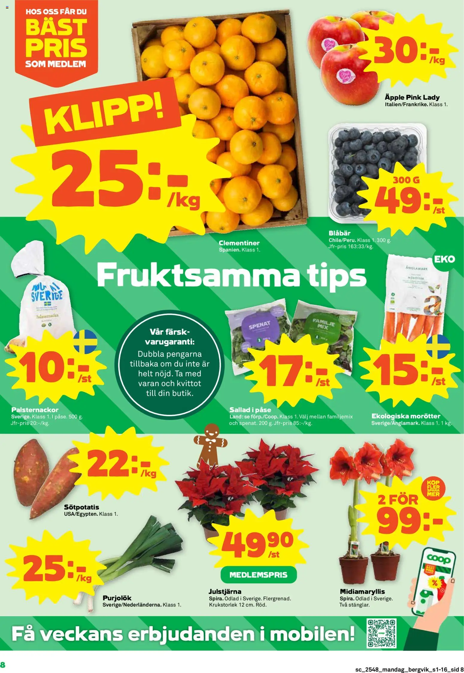 Stora Coop reklamblad aktuell från 24.11.2025 | Sida: 8 | Produkter: Spenat, Äpple, Sötpotatis, Sallad