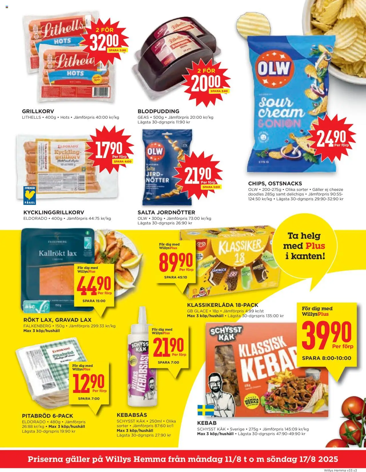 Willys reklamblad aktuell från 11.08.2025 | Sida: 3 | Produkter: Galler, Grillkorv, Kebabsås, Nötter