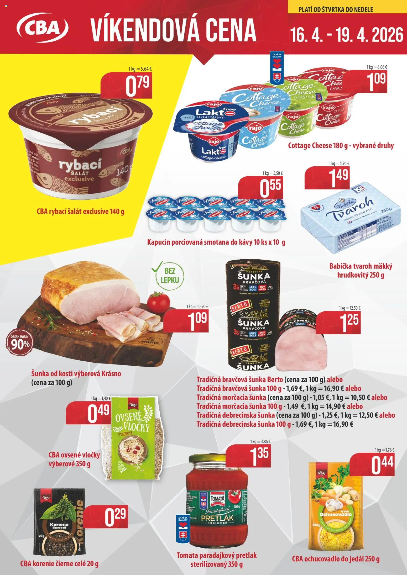 Nové CBA Verex akcie – leták je platný od 16.04.2026 | Strana: 1 | Produkty: Pažítka, Šunka, Smotana, Vločky