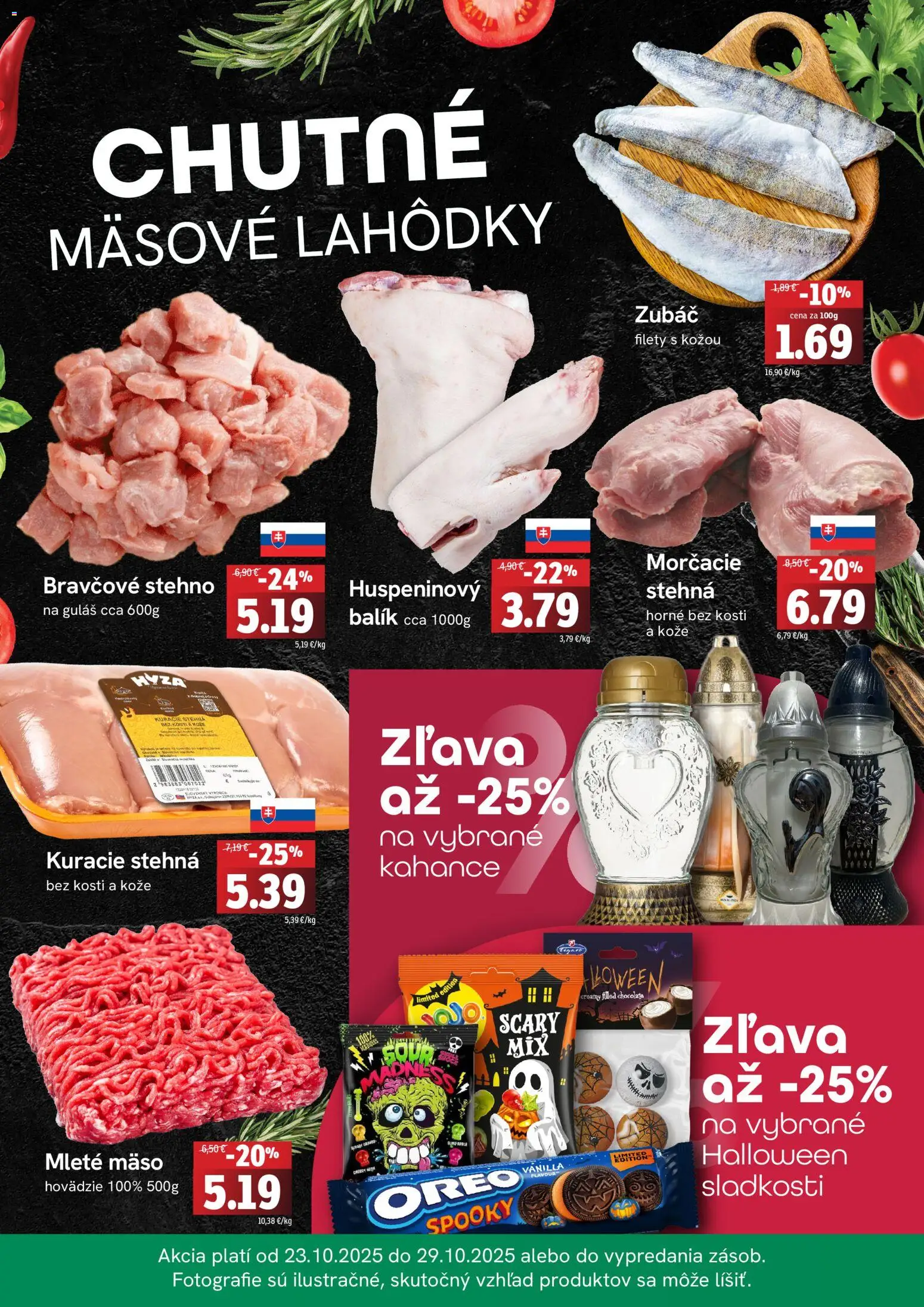 Nové Fresh akcie – leták je platný od 23.10.2025 | Strana: 2 | Produkty: Bravčové stehno, Kuracie stehná, Mleté mäso