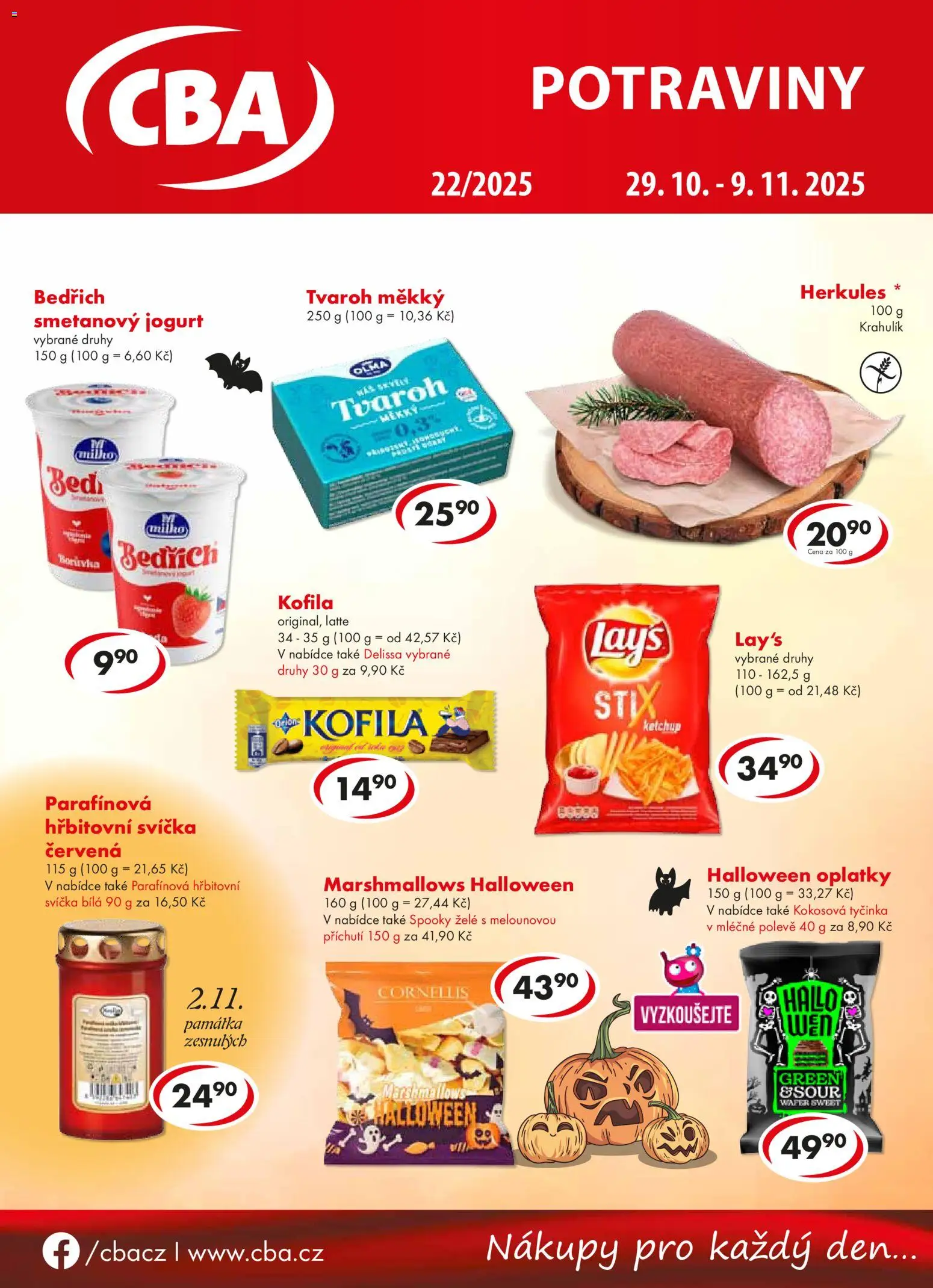 CBA leták od 29.10.2025 | Strana: 1 | Produkty: Jogurt, Svíčka, Potraviny, Oplatky