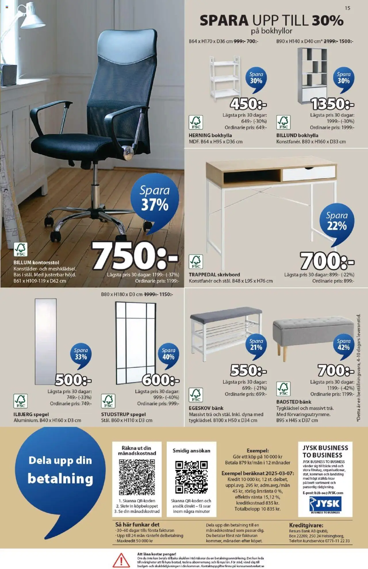 JYSK reklamblad aktuell från 08.09.2025 | Sida: 15 | Produkter: Kontorsstol, Skrivbord, Bänk, Spegel