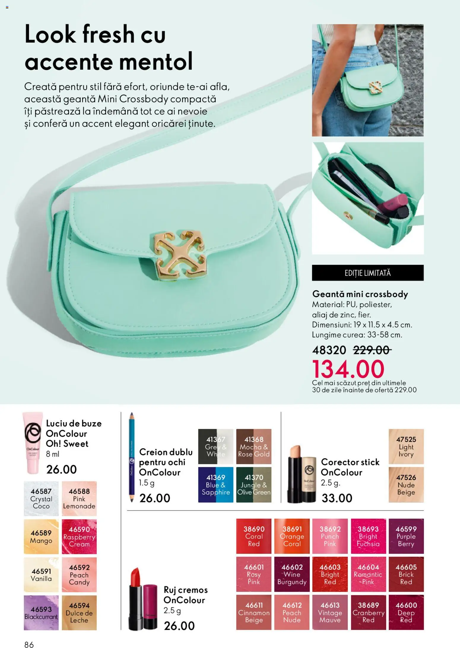 Noul catalog Oriflame – valabil de la 27.05.2026 | Pagină: 86 | Produse: Curea, Geantă, Ruj, Luciu de buze