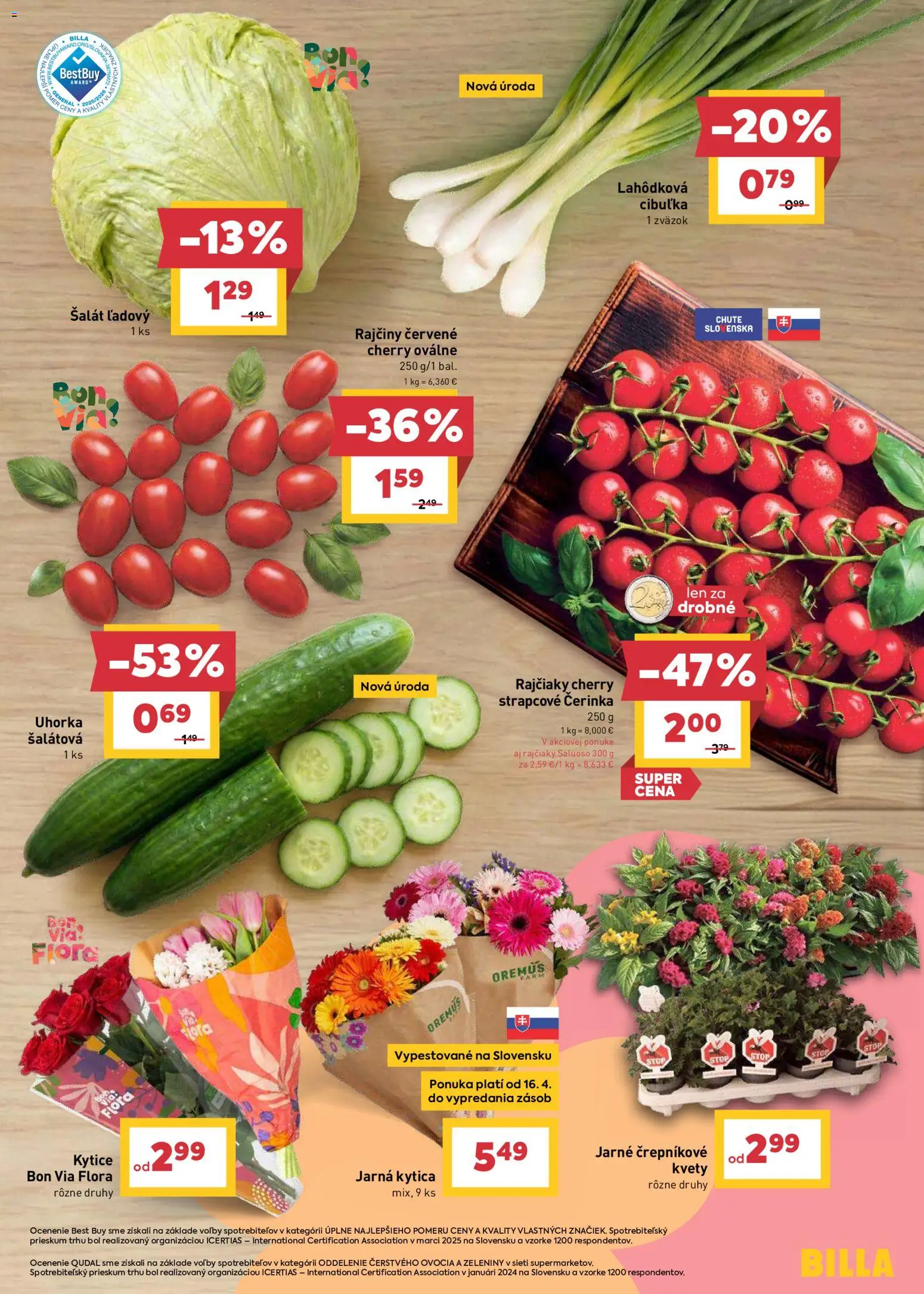 Nové Billa akcie – leták je platný od 15.04.2026 | Strana: 3 | Produkty: Šalát, Kvety, Flora