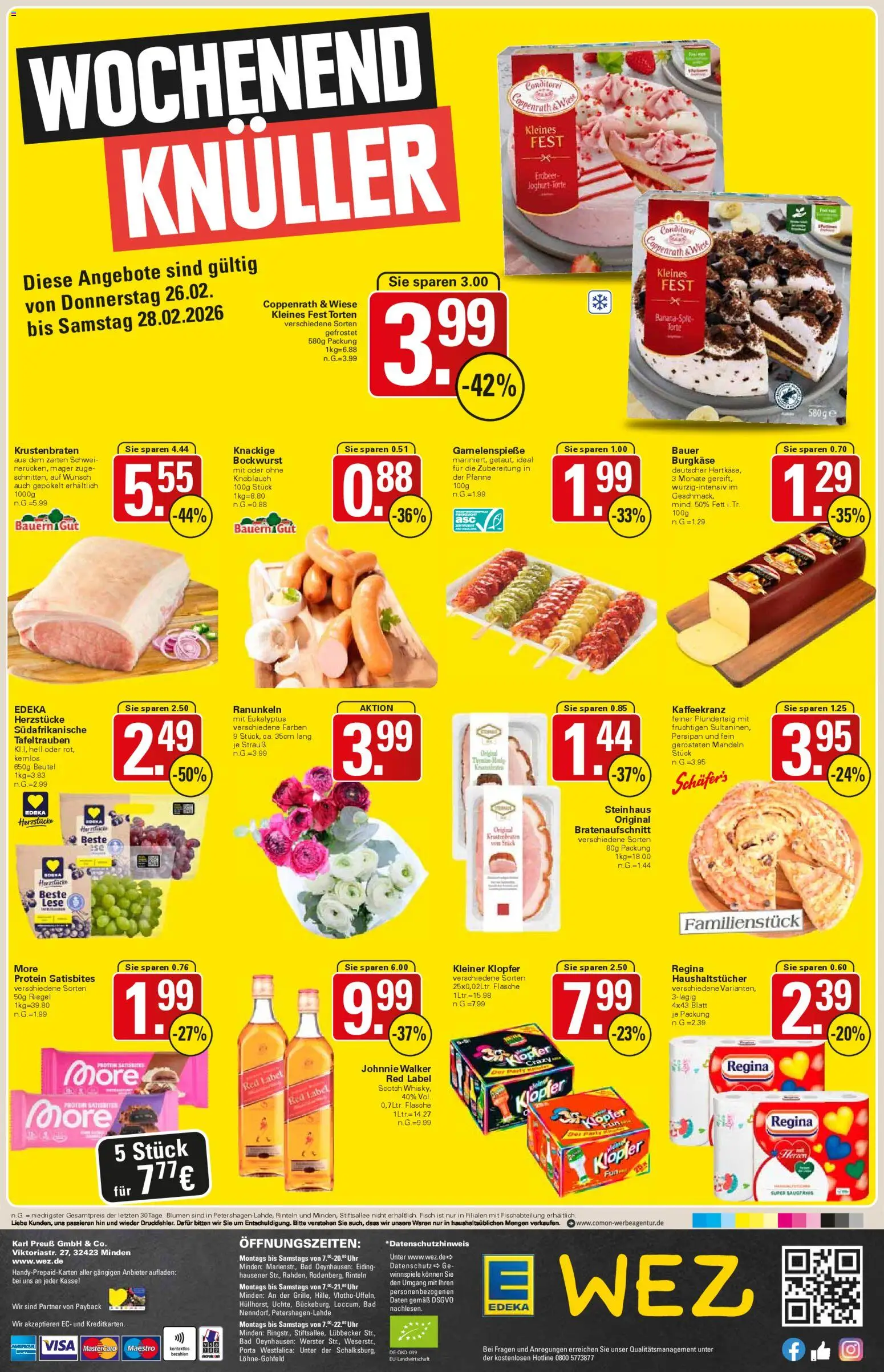 WEZ Prospekt – gültig ab 23.02.2026 | Seite: 14 | Produkte: Bockwurst, Blumen, Mandeln, Krustenbraten