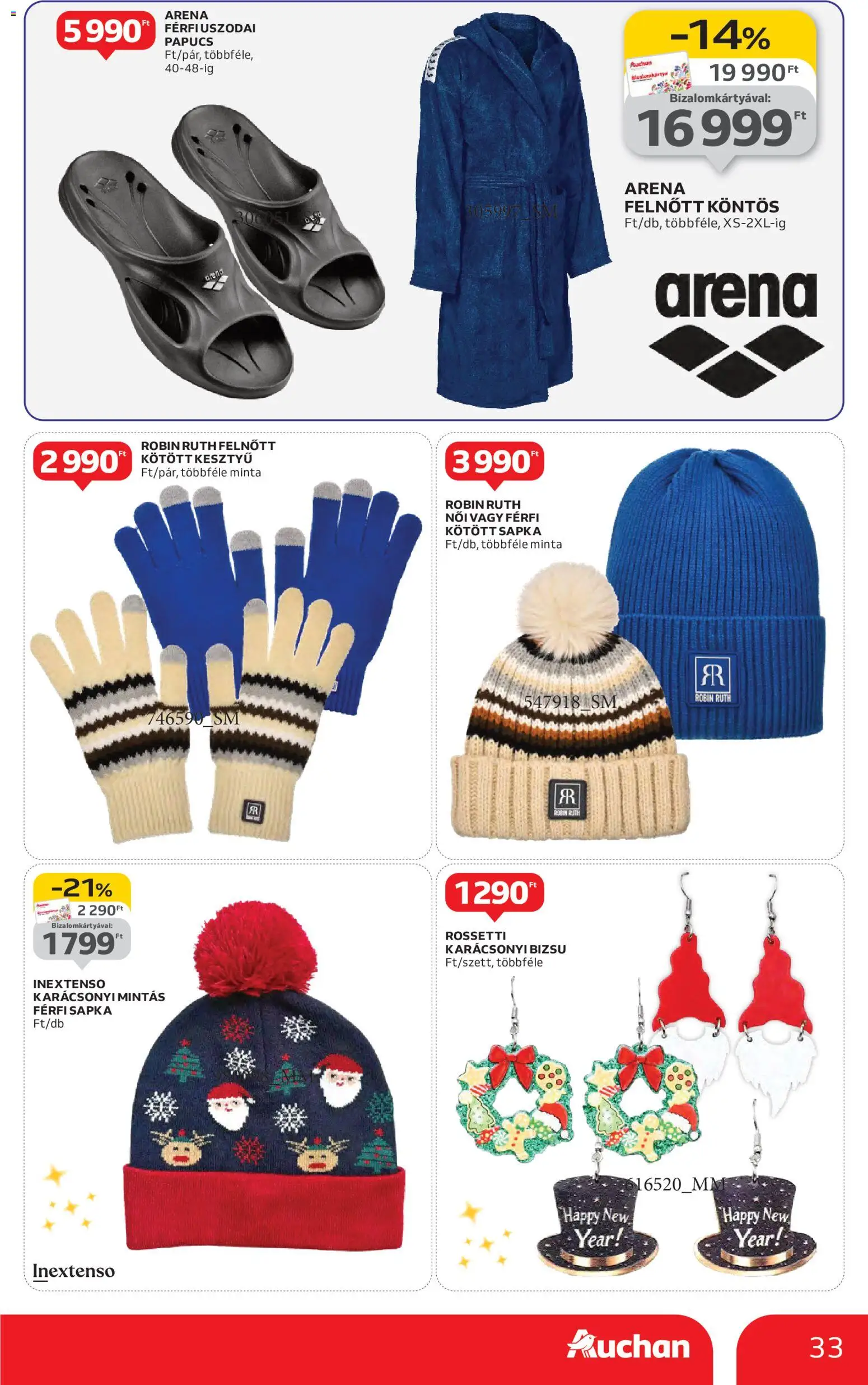 Auchan akciós ujság - amely érvényes a következő dátumtól: 13.11.2025 | Oldal: 33 | Termékek: Papucs, Sapka, Kesztyű, Köntös
