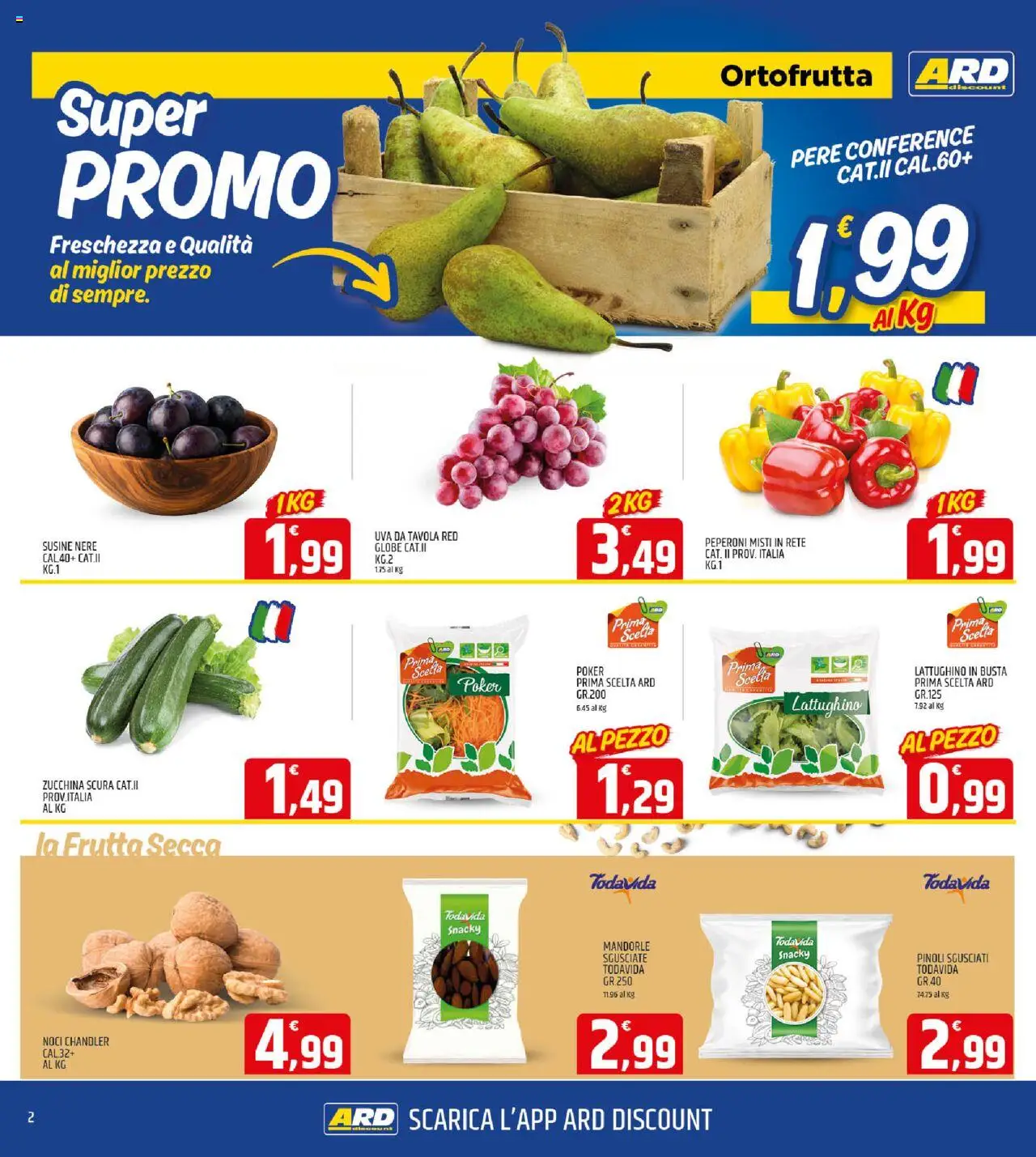 Volantino ARD Discount del 02.10.2025 | Pagina: 2 | Prodotti: Peperoni, Frutta, Mandorle, Uva