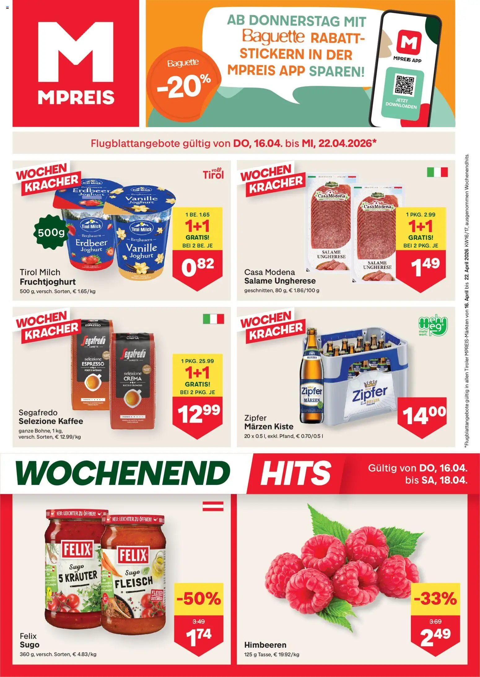 MPREIS Flugblatt gültig ab 16.04.2026 | Seite: 1 | Produkte: Jääkaappipakastin, Milch, Joghurt, Kaffee