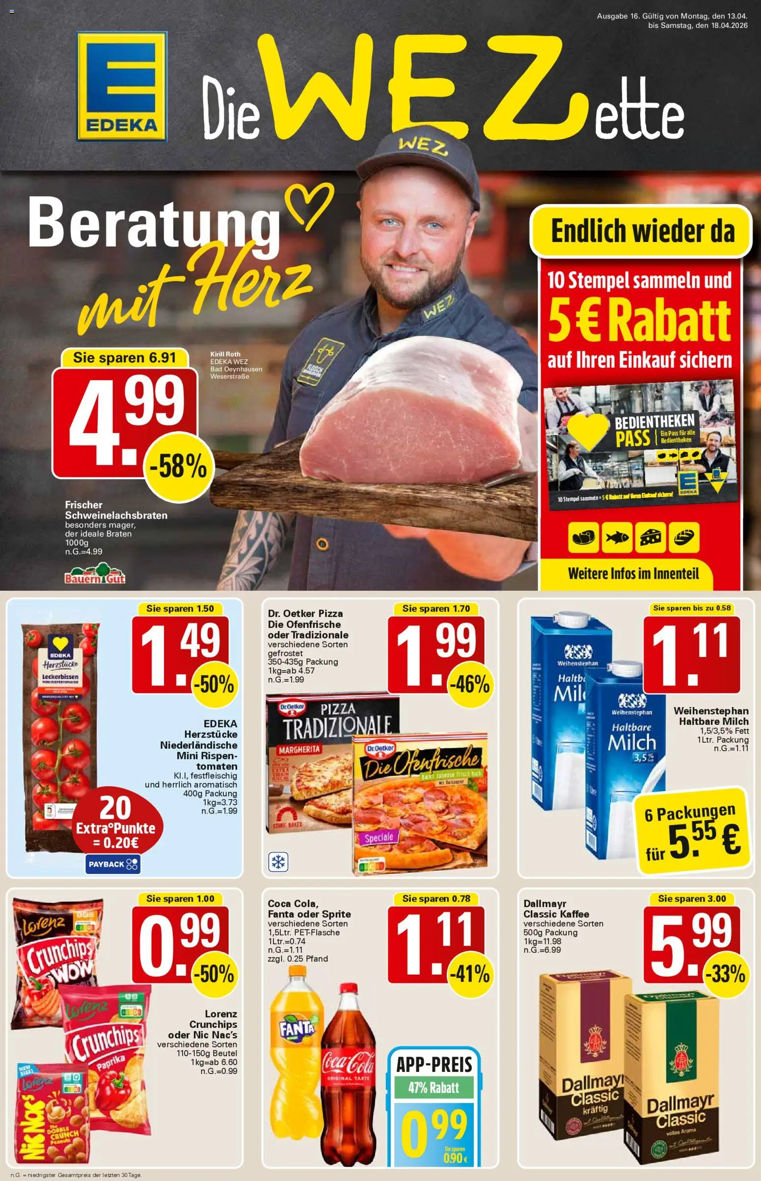 WEZ Prospekt 	 – gültig ab 13.04.2026 | Seite: 1 | Produkte: Milch, Kaffee, Lorenz crunchips, Pizza
