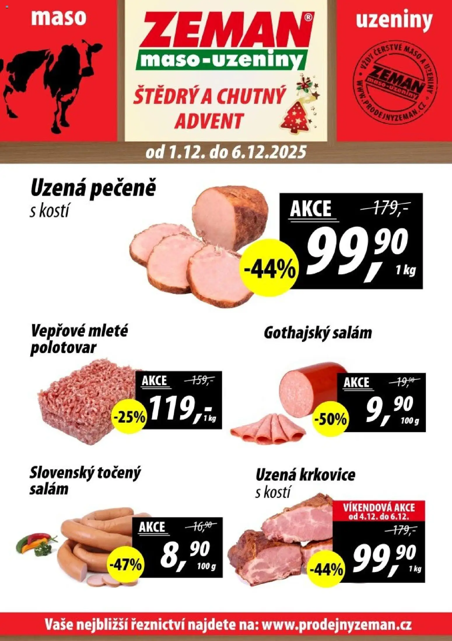 Prodejny Zeman leták - Plzeň od 01.12.2025 | Strana: 1 | Produkty: Gothajský salám, Maso, Krkovice, Uzená krkovice