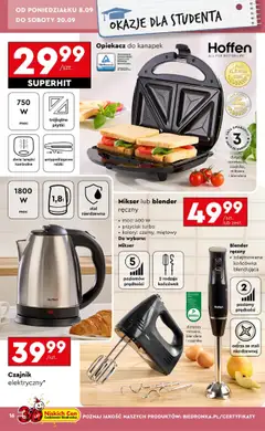 Mikser lub blender ręczny, Mikser lub blender ręczny Hoffen, moc: 400 W, przycisk turbo, kolory: czarny, miętowy. Do wyboru: Mikser lub Blender ręczny ze zdejmowaną końcówką blendującą od 11.09.2025 | Strona: 18 | Produkty: Lampki, Mikser, Opiekacz, Blender