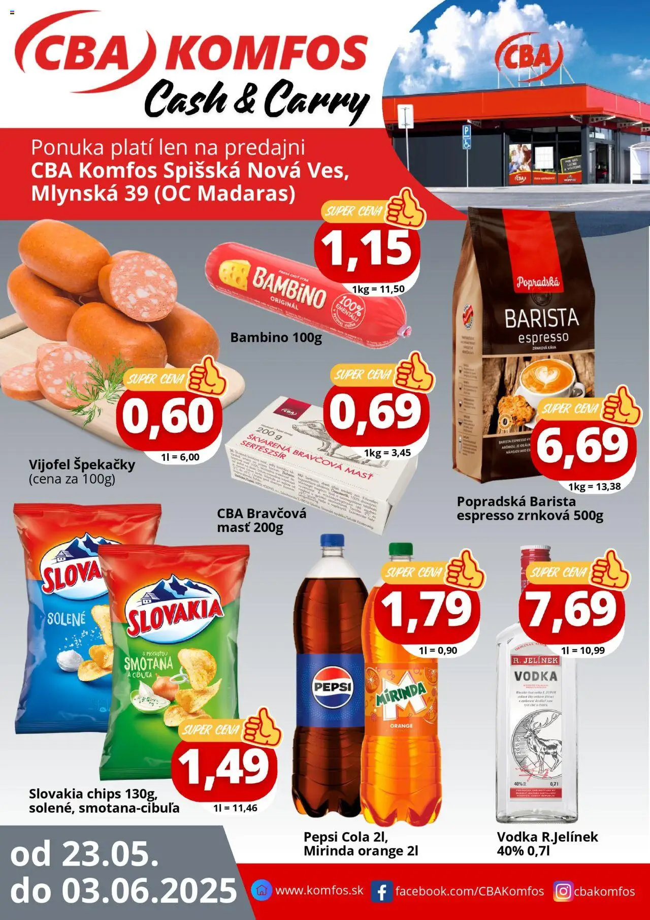 CBA Komfos Gastrocash Spišská Nová Ves │ platný od 23.05.2025 | Strana: 1 | Produkty: Káva, Cibuľa, Mirinda, Zrnková káva