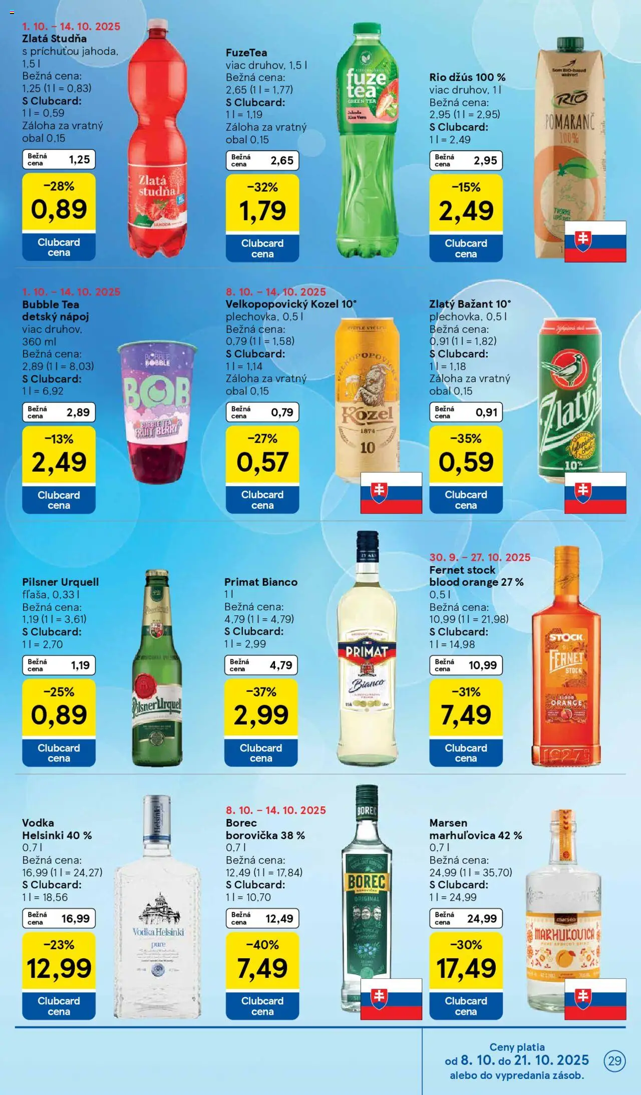 Nové Tesco akcie – leták je platný od 08.10.2025 | Strana: 29 | Produkty: Pilsner Urquell, Vodka, Fernet, Fernet Stock