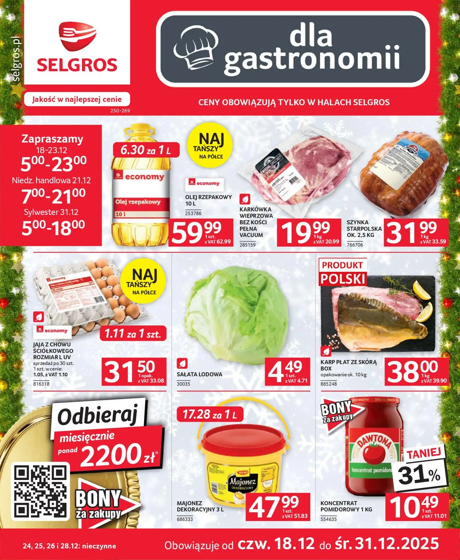 Selgros cash&carry Gazetka - Oferta dla gastronomii od 18.12.2025 | Strona: 1 | Produkty: Olej rzepakowy, Karkówka, Karp, Jaja