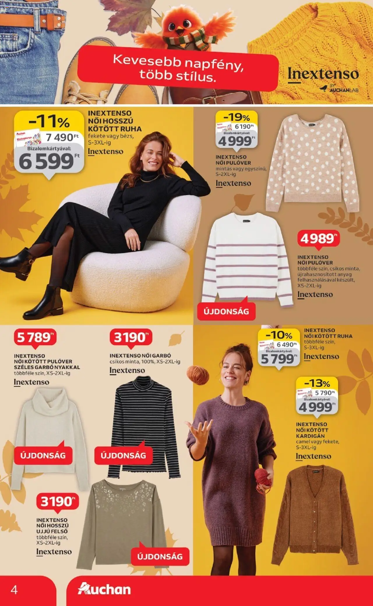 Auchan akciós ujság - amely érvényes a következő dátumtól: 02.10.2025 | Oldal: 4 | Termékek: Kardigán, Garbó, Ruha, Pulóver